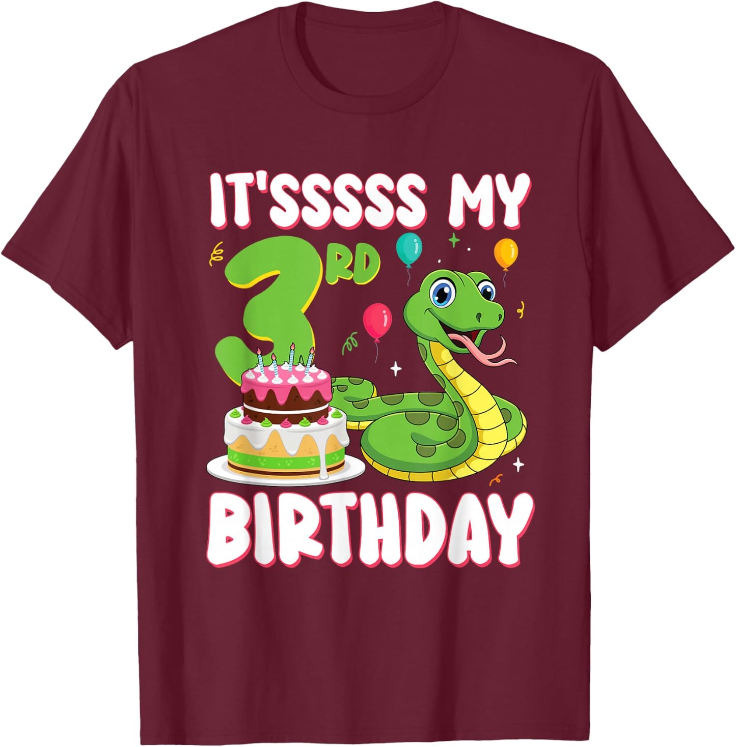 3 Year Old Snake 3rd Birthday Python Party Kids T-Shirt - T-Shirt | Maroon
