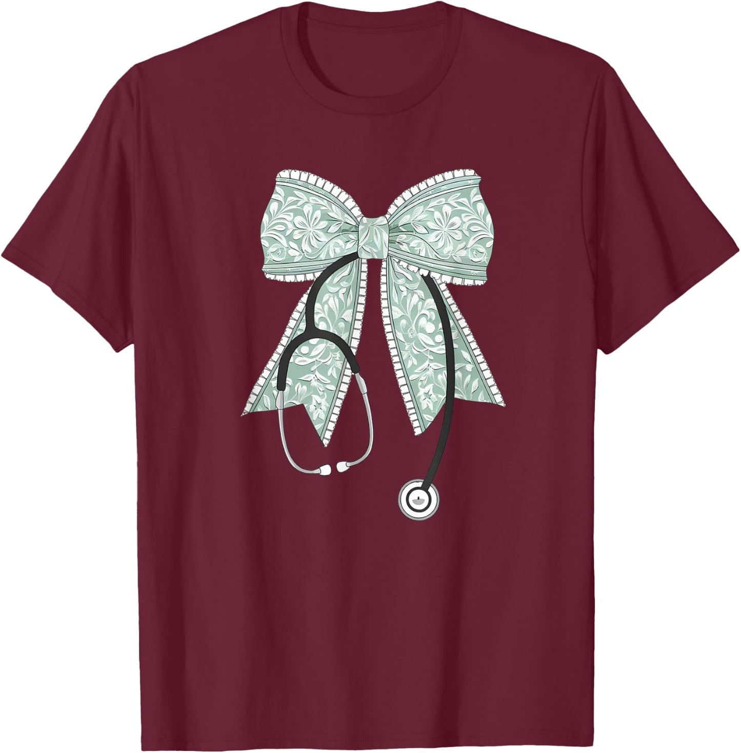 Nurse Doctor Coquette Bow Stethoscope Cute Nursing Ribbon T-Shirt - T-Shirt | Maroon