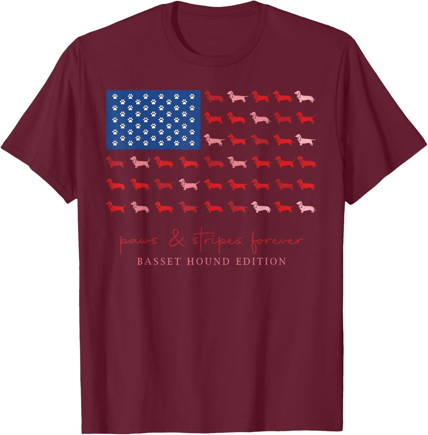 Paws and Stripes Forever Basset Hound USA Flag 4th of July T-Shirt - T-Shirt | Maroon