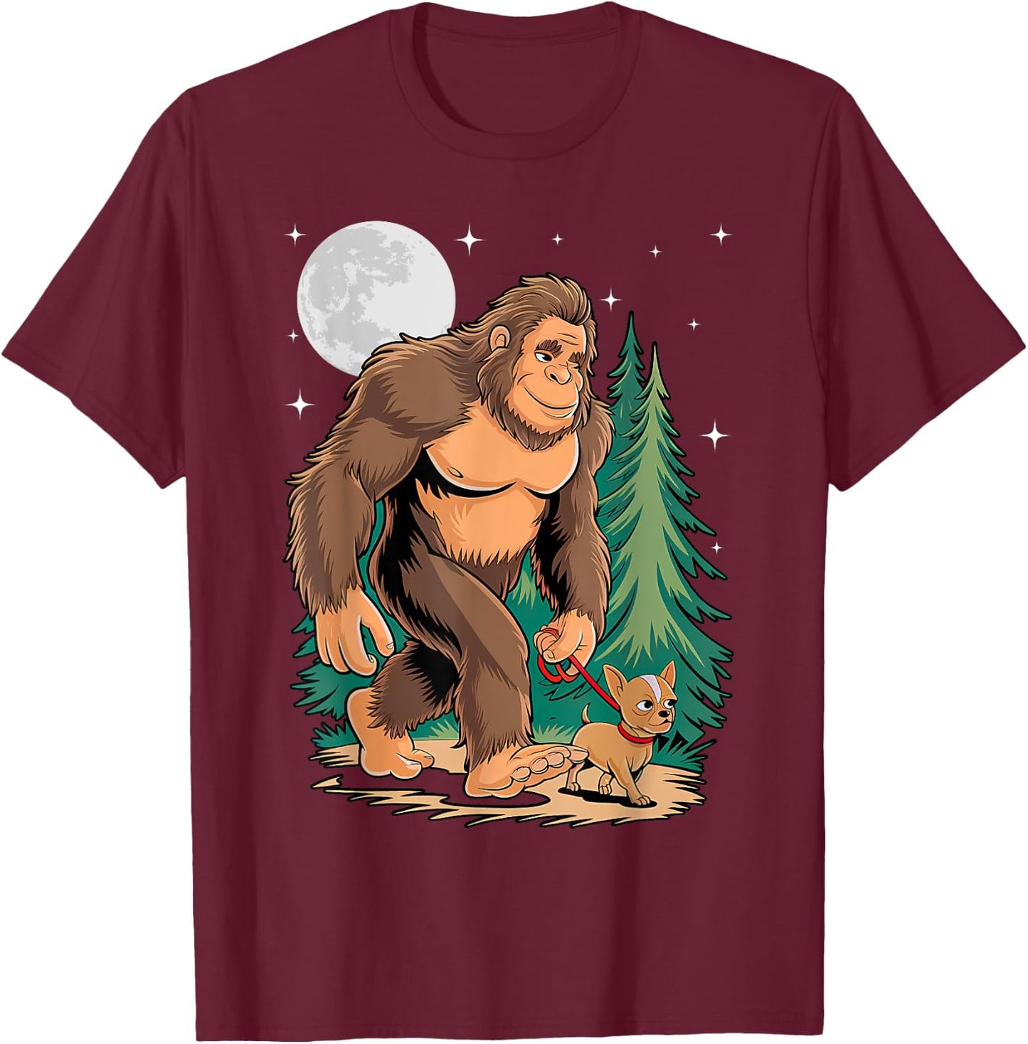 Funny Chihuahua Bigfoot Dog Walking Dog Mom Dad Kids T-Shirt - T-Shirt | Maroon