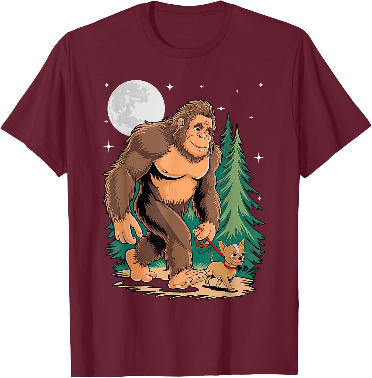 Funny Chihuahua Bigfoot Dog Walking Dog Mom Dad Kids T-Shirt - T-Shirt | Maroon