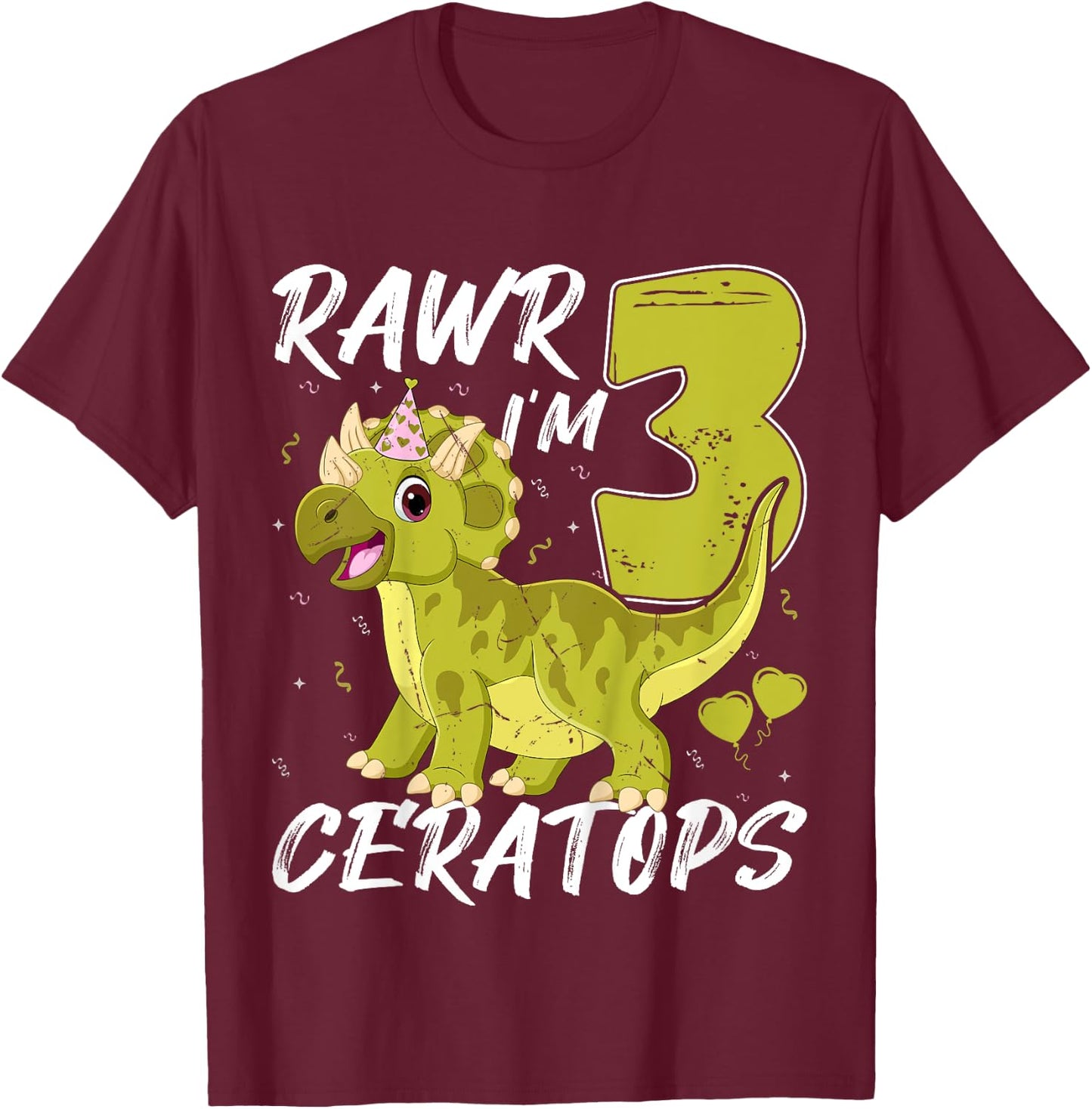 Rawr I Am Three Ceratops Dinosaur 3rd Birthday Party Kids T-Shirt - T-Shirt | Maroon