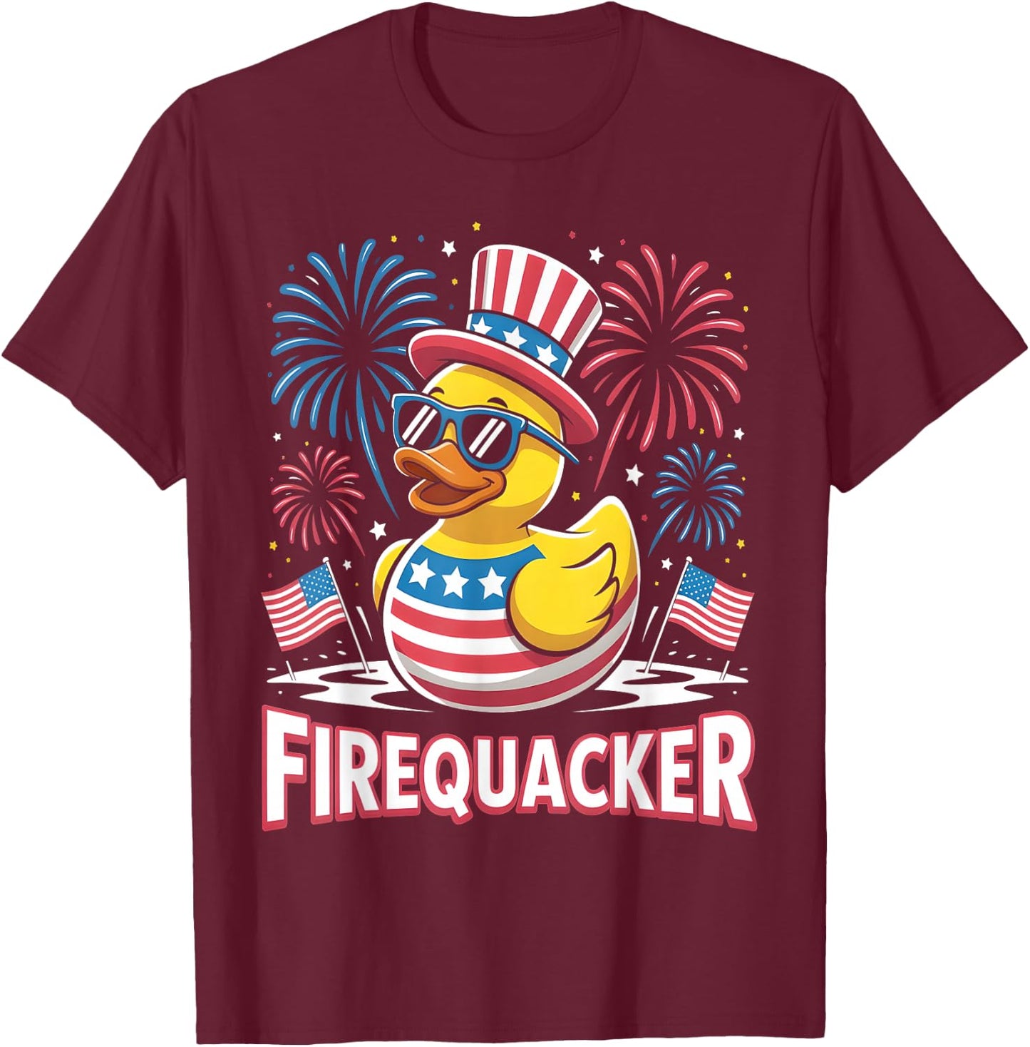 Firequacker Rubber Duck American Flag Fireworks 4th of July T-Shirt - T-Shirt | Maroon
