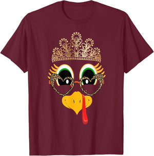 Turkey Face Girl Glasses Leopard With Crown Bow Thanksgiving T-Shirt - T-Shirt | Maroon