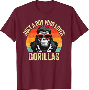 Just A Boy Who Loves Gorillas Kids Retro Gorilla Sunglasses T-Shirt - T-Shirt | Maroon