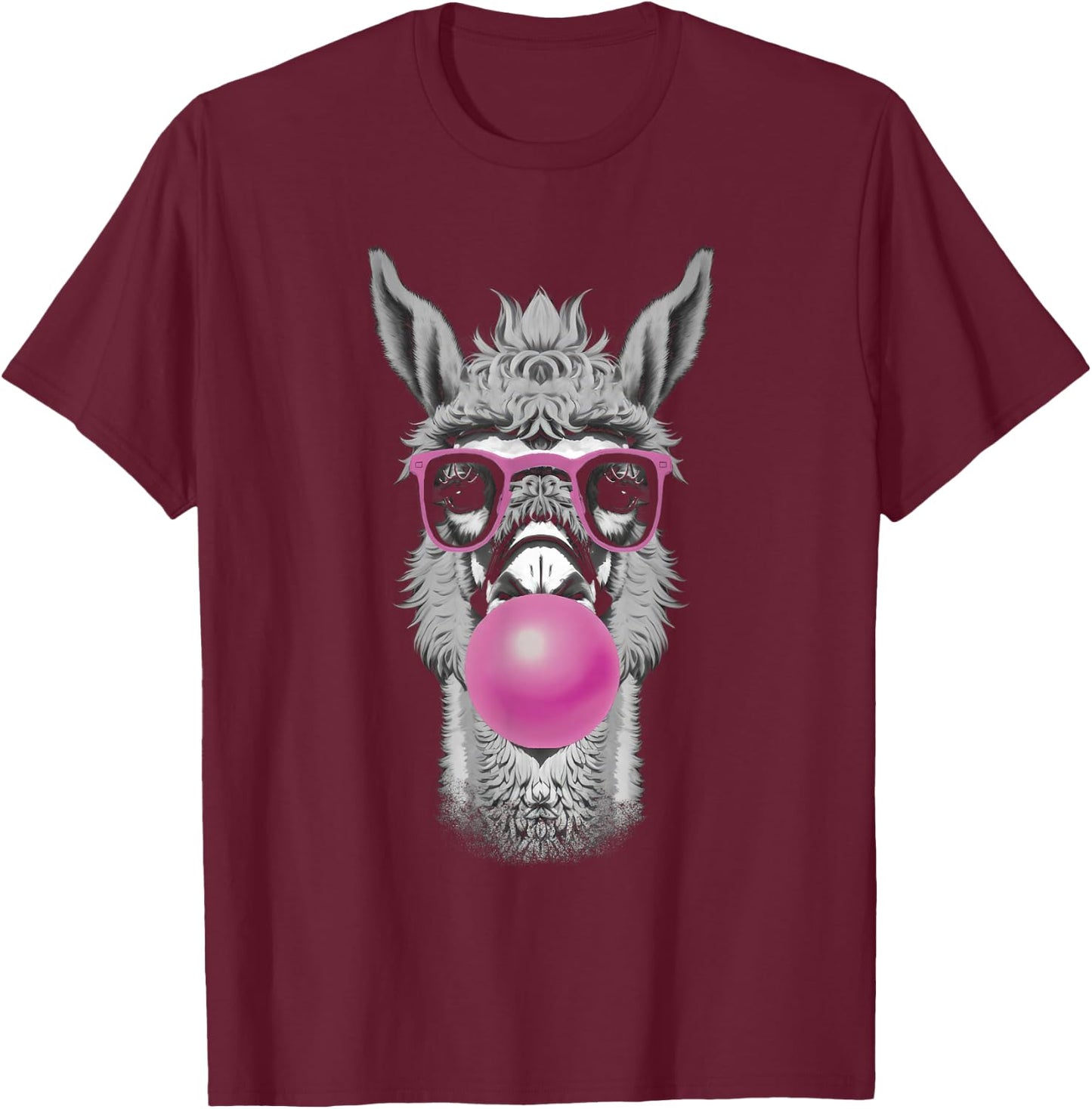 Funny Bubblegum Llama Pink Glasses and Bubble Gum Pop T-Shirt - T-Shirt | Maroon