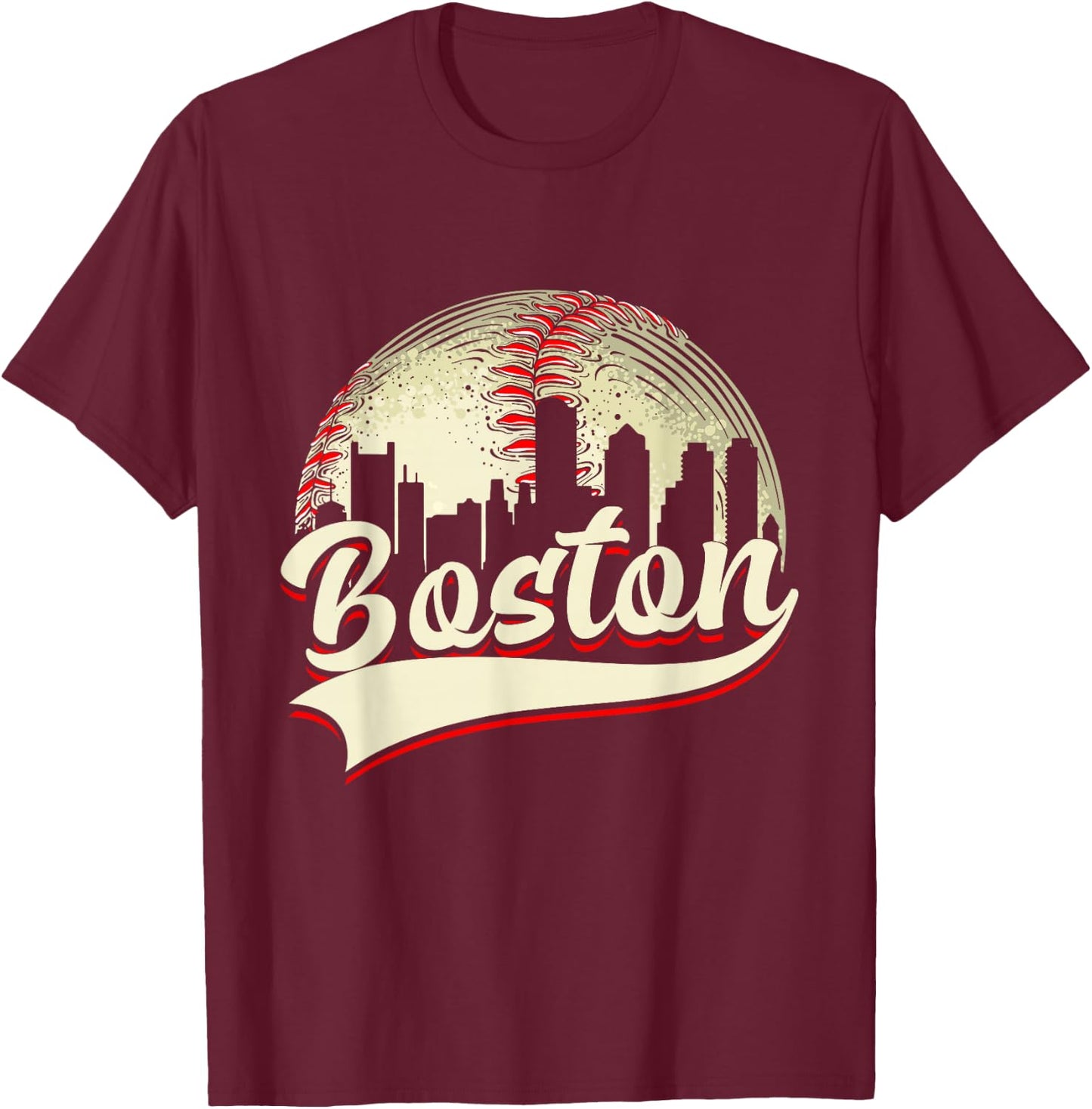 Boston Cityscape Graphic Baseball Lover Player and Fans T-Shirt - T-Shirt | Maroon