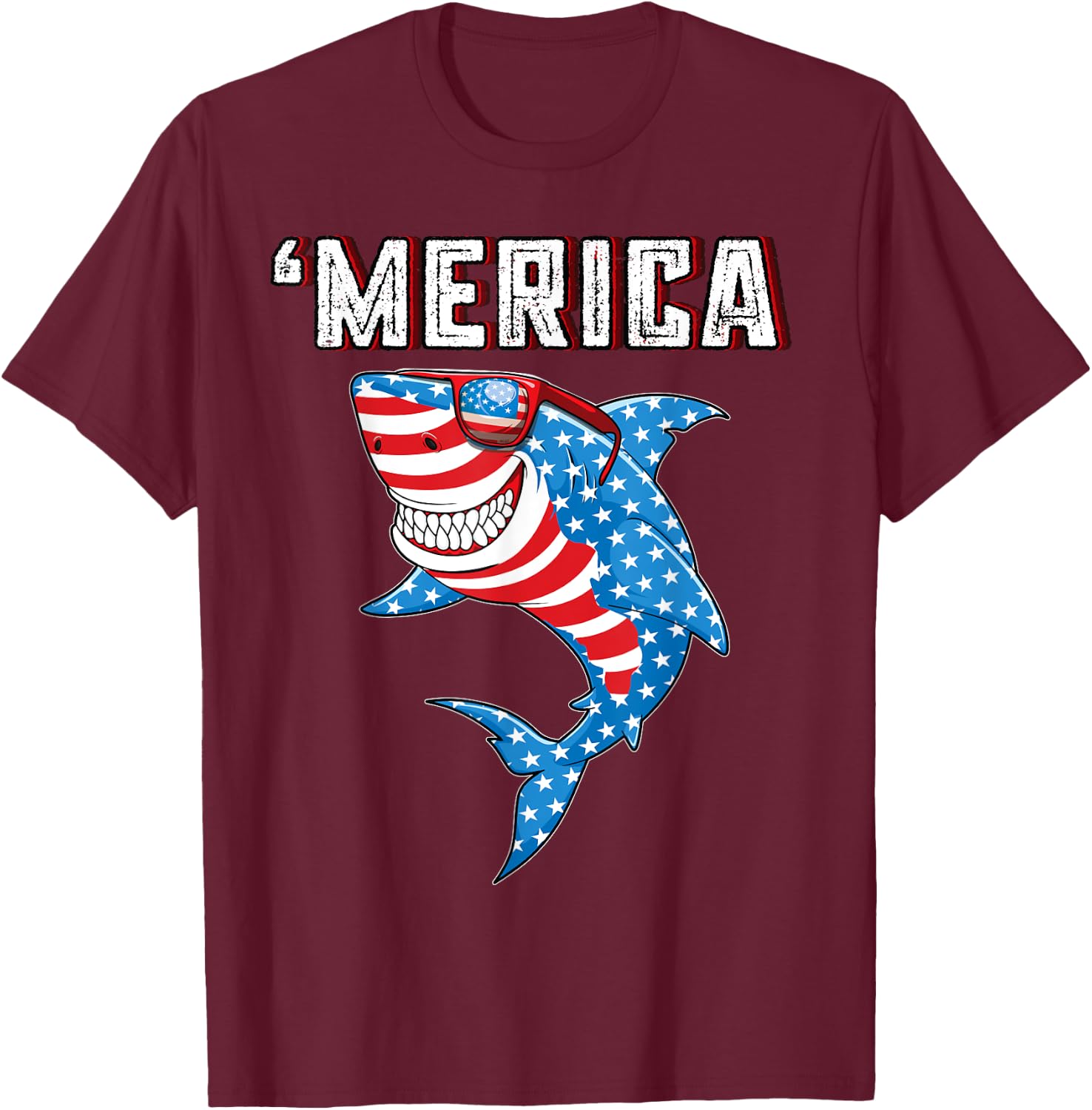 Merica American Flag Men Funny Boys Shark 4th of July T-Shirt - T-Shirt | Maroon