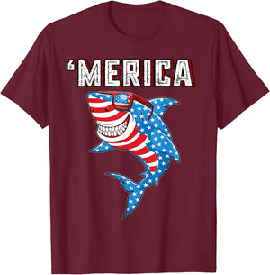 Merica American Flag Men Funny Boys Shark 4th of July T-Shirt - T-Shirt | Maroon