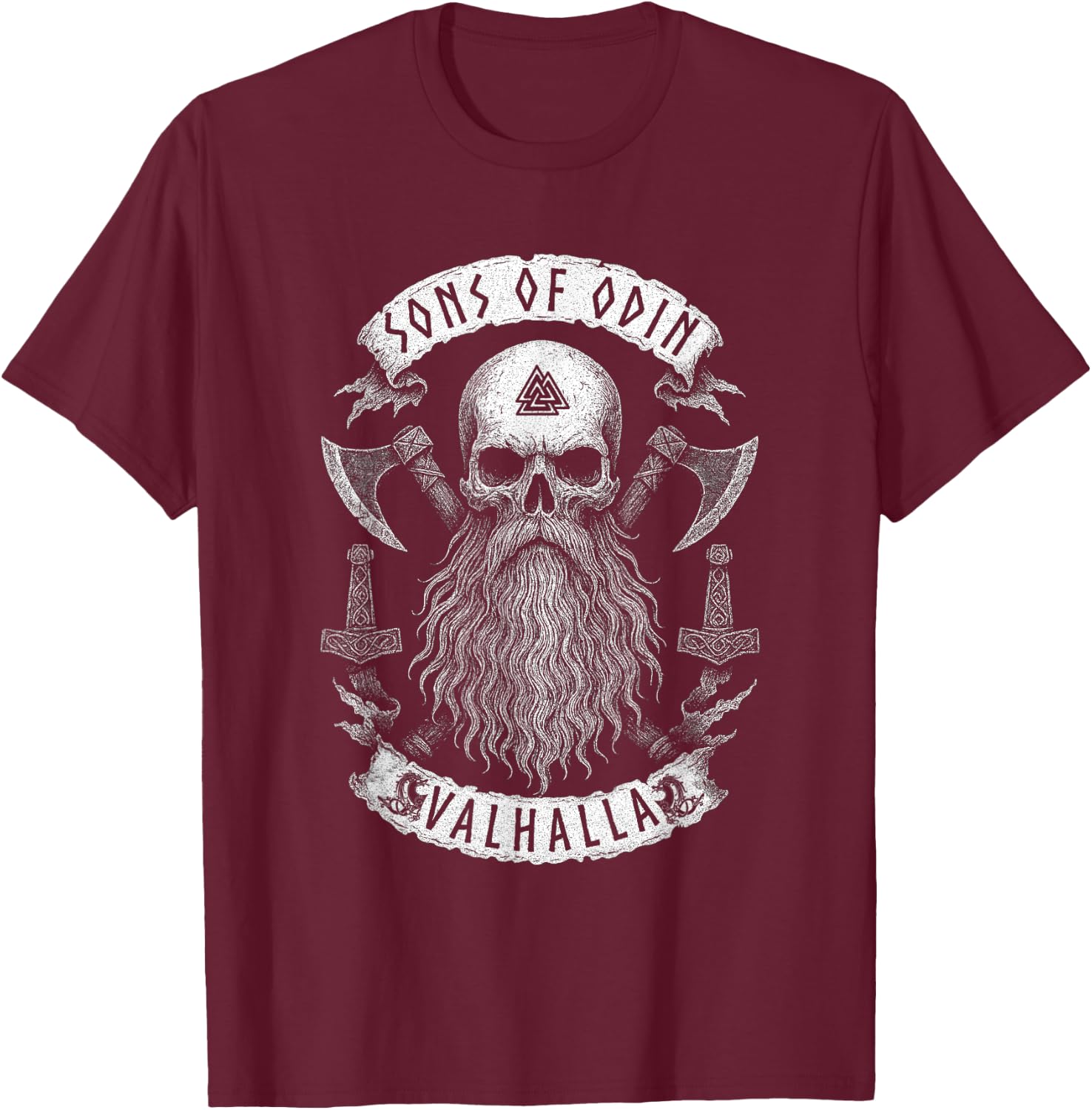 SONS OF ODIN- Valhalla Vikings Norse Skull Long Beard - Axe T-Shirt - T-Shirt | Maroon
