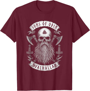 SONS OF ODIN- Valhalla Vikings Norse Skull Long Beard - Axe T-Shirt - T-Shirt | Maroon