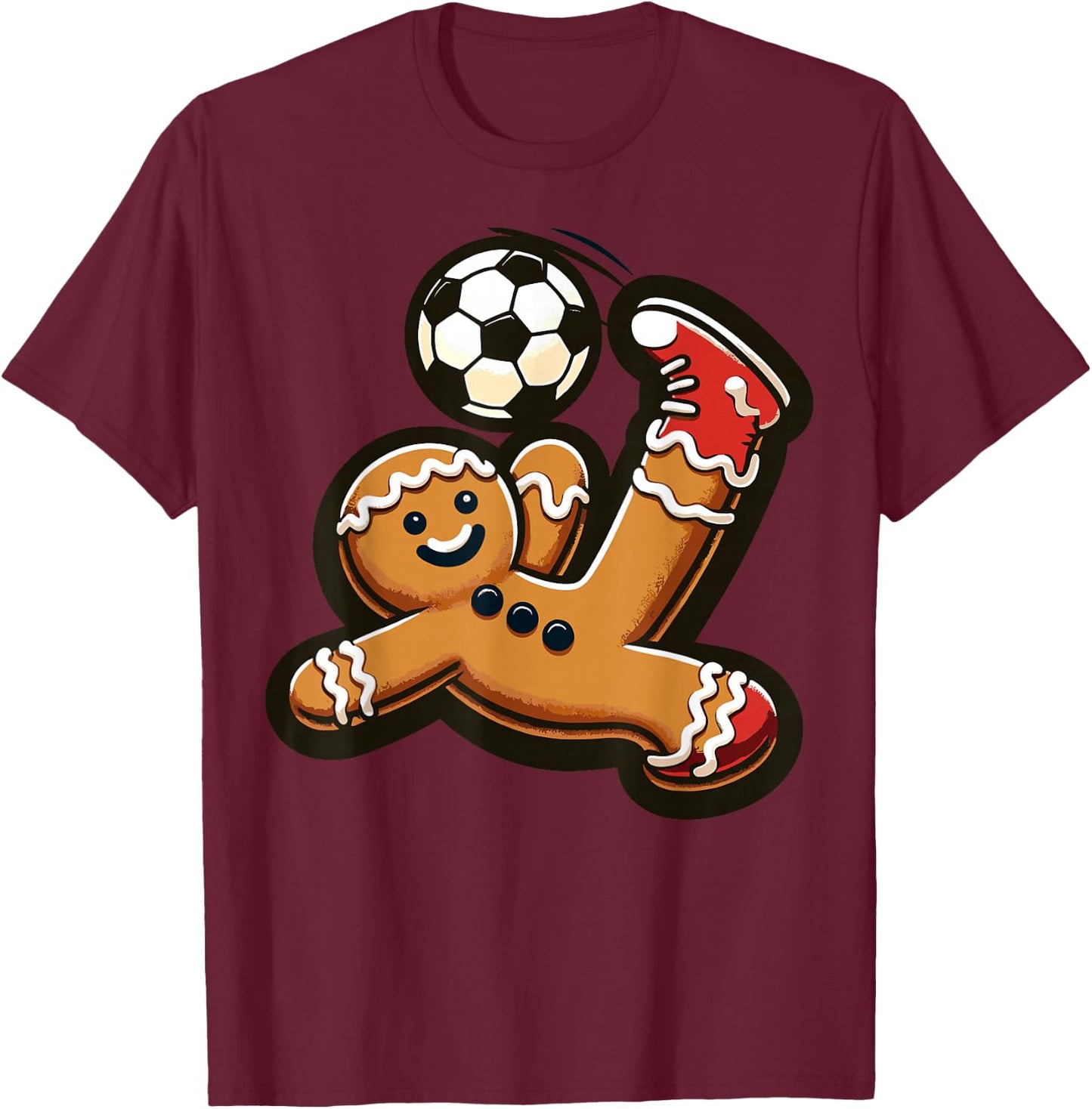 Gingerbread Plays Soccer Bicycle Kick, Cookie Christmas T-Shirt - T-Shirt | Maroon