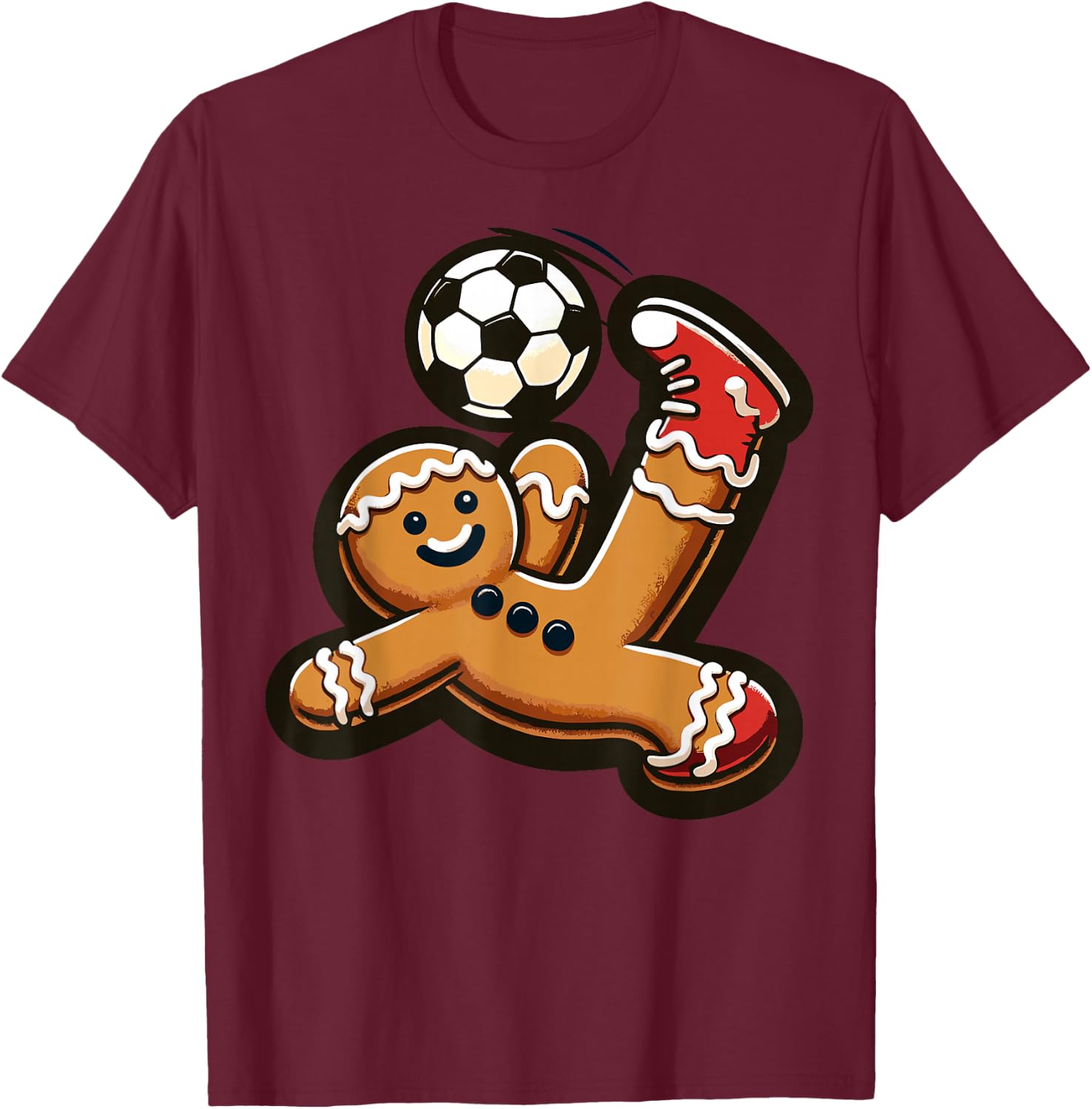 Gingerbread Plays Soccer Bicycle Kick, Cookie Christmas T-Shirt - T-Shirt | Maroon