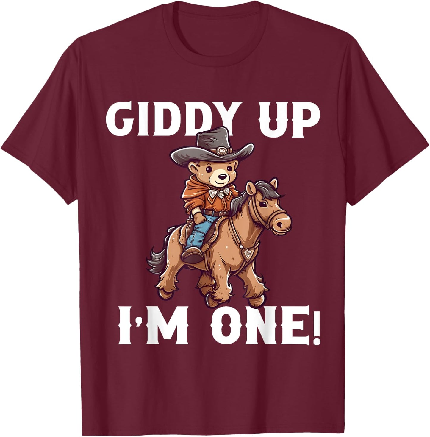 Cowboy 1st Birthday Teddy Bear Western Horse 1 Year Old Boy T-Shirt - T-Shirt | Maroon