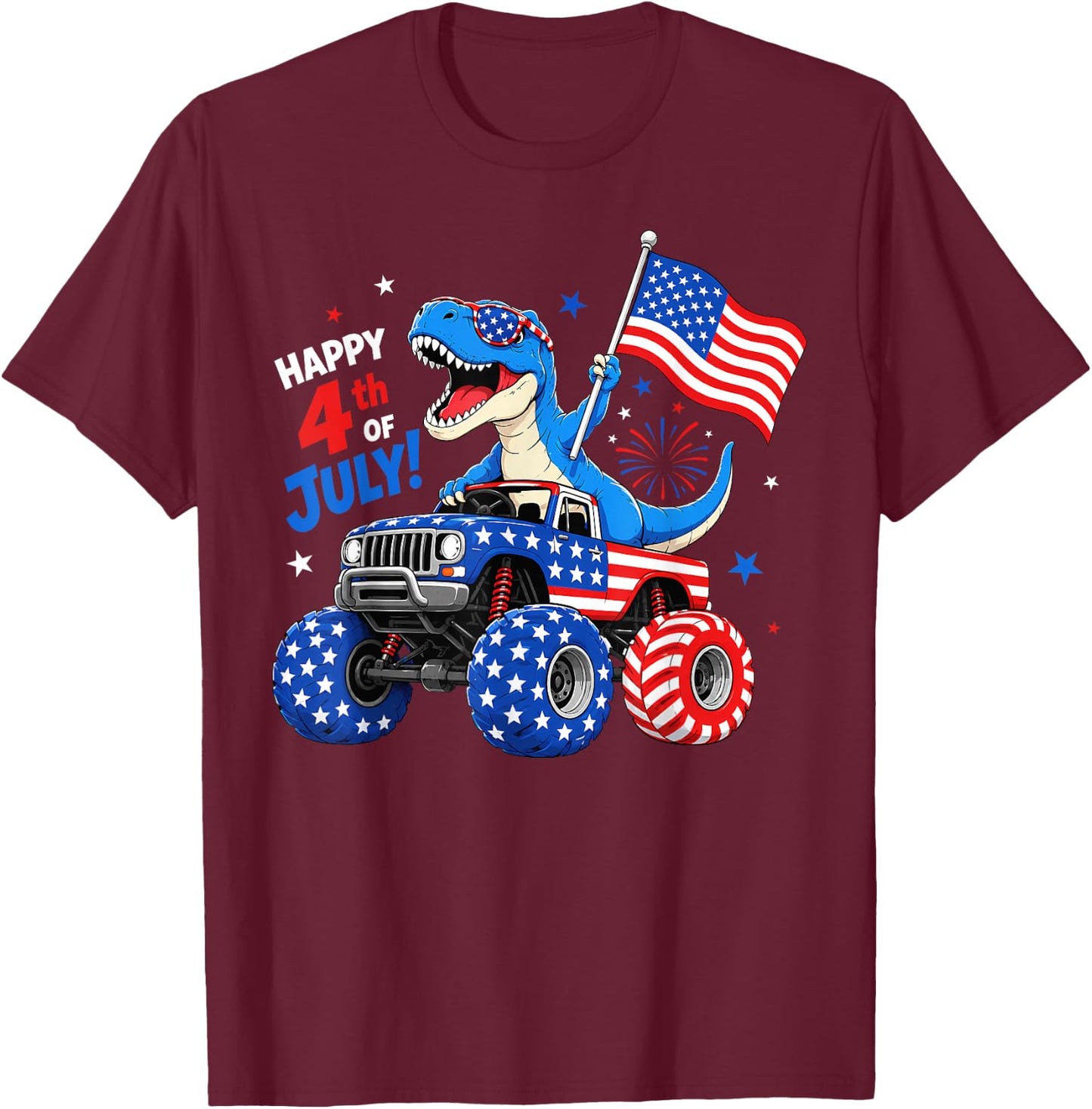 Patriotic Dinosaur Monster Truck 4th of July Toddler Boys T-Shirt - T-Shirt | Maroon