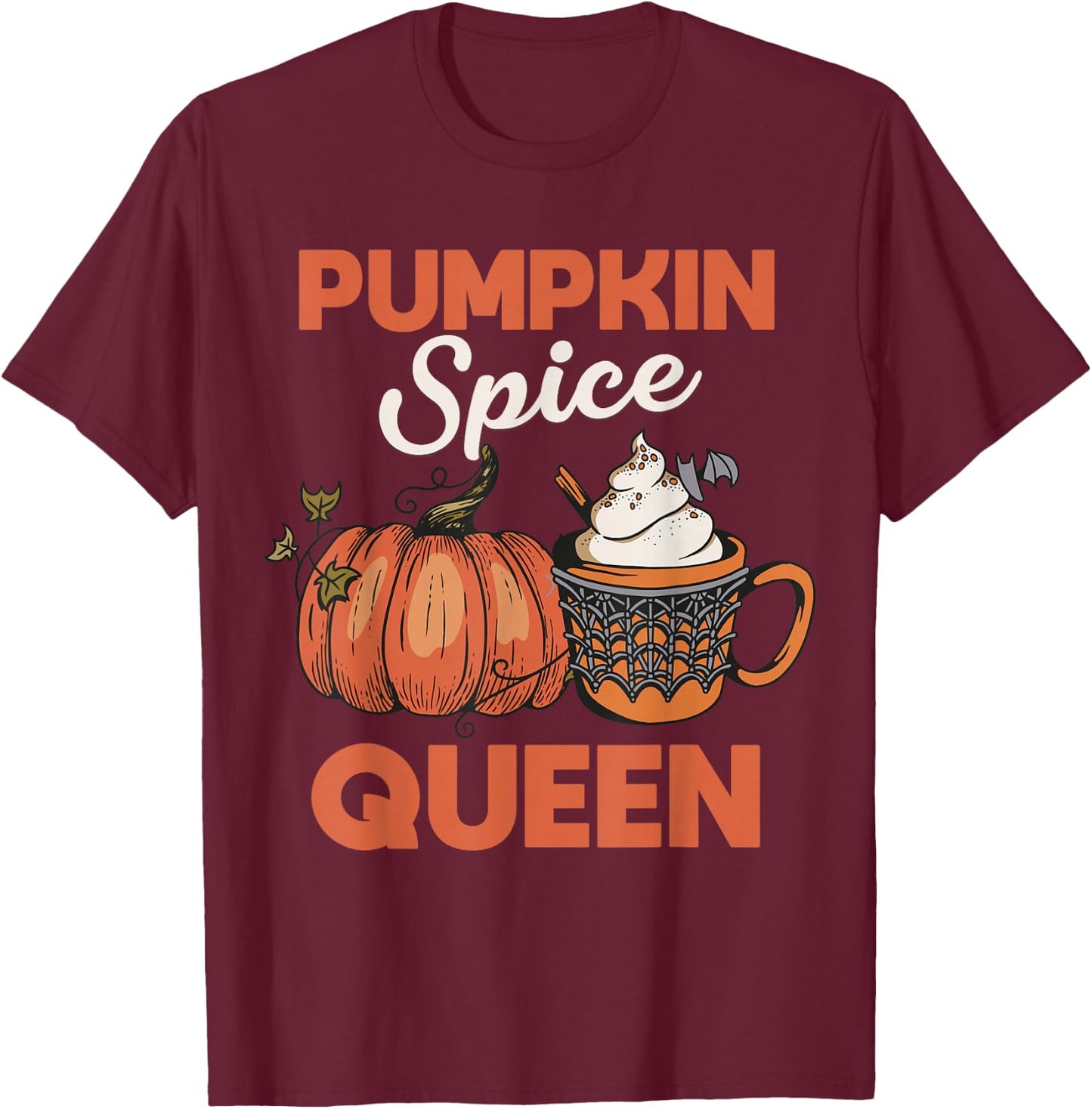 Pumpkin Spice Queen Coffee Pumpkin Web Spiders Halloween T-Shirt - T-Shirt | Maroon