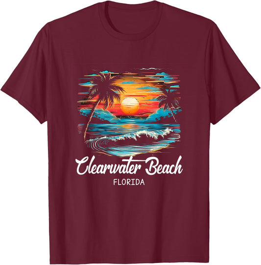 Family Vacation Retro Sunset Florida Clearwater Beach T-Shirt - T-Shirt | Maroon