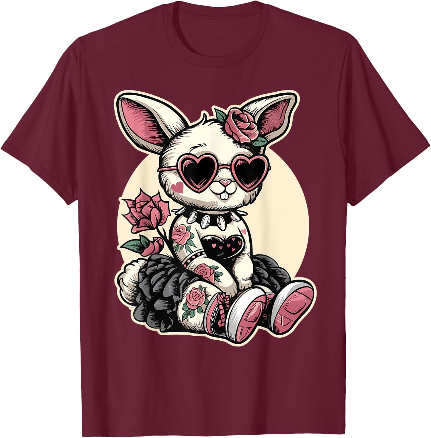 Gothic Kawaii Bunny with Heart Glasses T-Shirt - T-Shirt | Maroon