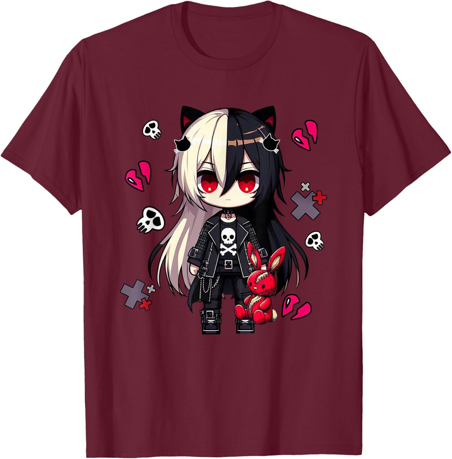 Chibi Kawaii Emo Pastel Goth Girl Anime Japanese Scary , Black, S T-Shirt - T-Shirt | Maroon