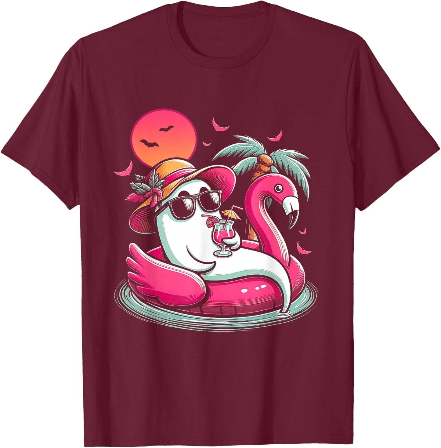 Ghost In Lifebuoy Flamingo On A Pool Float Summer ween T-Shirt - T-Shirt | Maroon