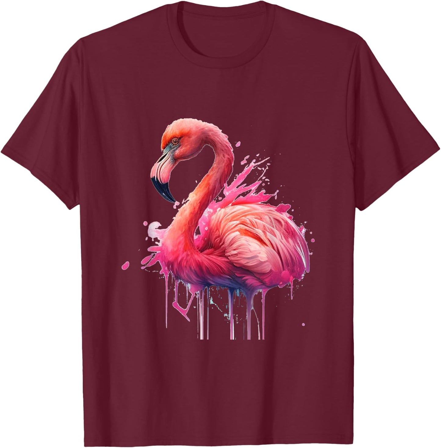 Flamingo Watercolour Splash Drips Pretty Animal Painting Bird , black T-Shirt - T-Shirt | Maroon