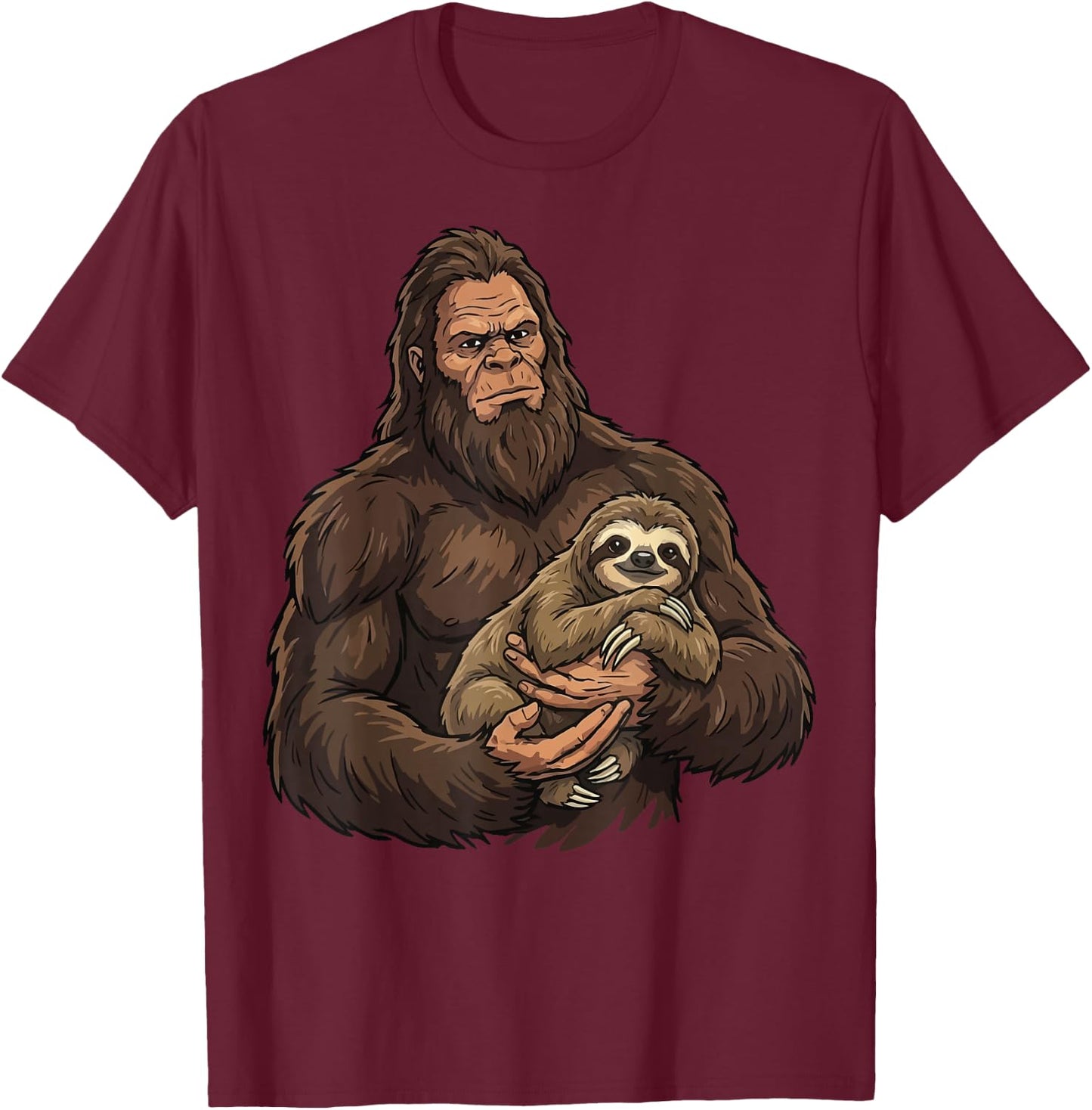 Bigfoot Holding Sloth T-Shirt - T-Shirt | Maroon