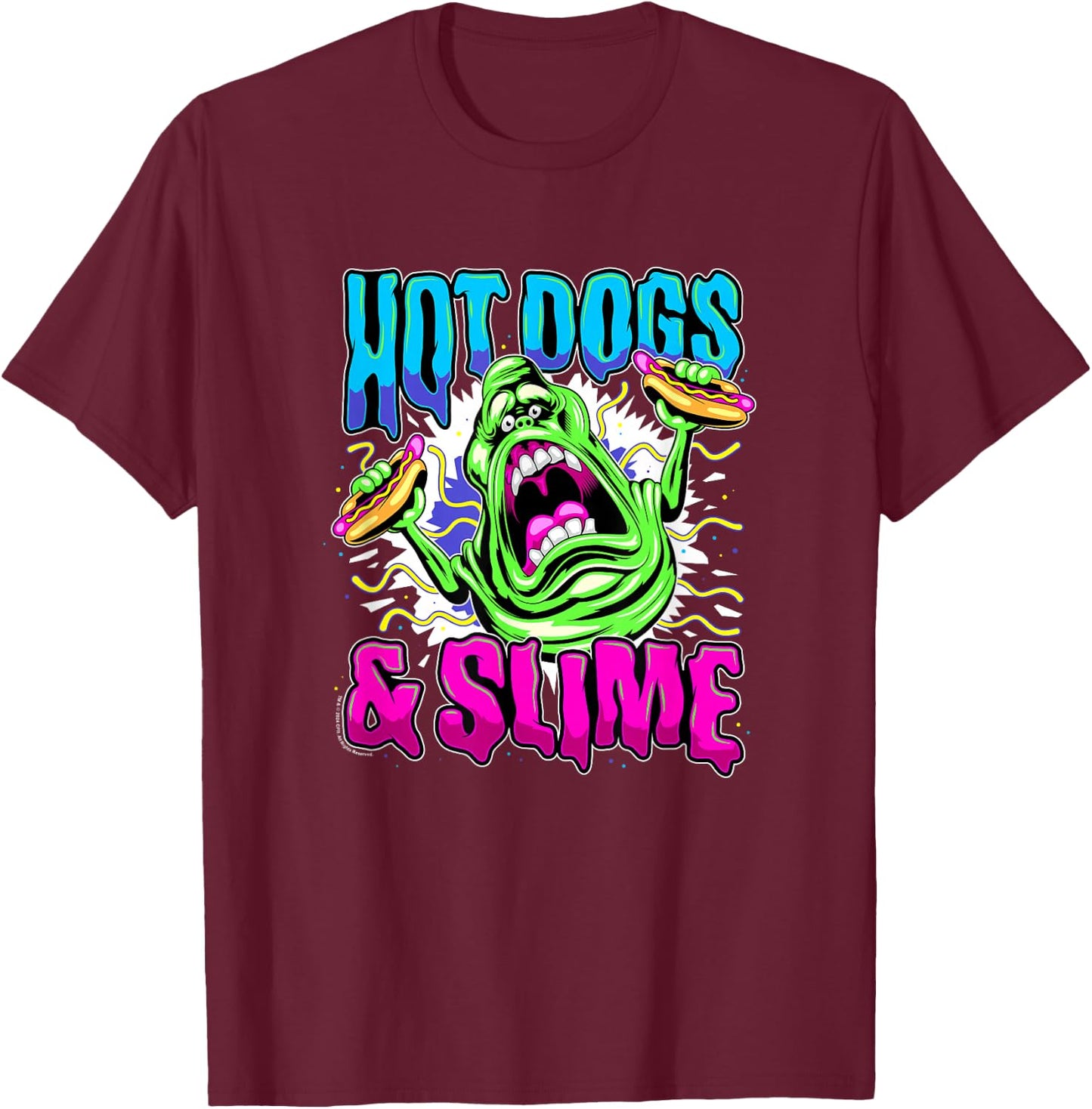 Ghostbusters Vintage Slimer Retro Hot Dogs & Slime Logo - Erwachsene und Kinder - Schwarz - S T-Shirt - T-Shirt | Maroon