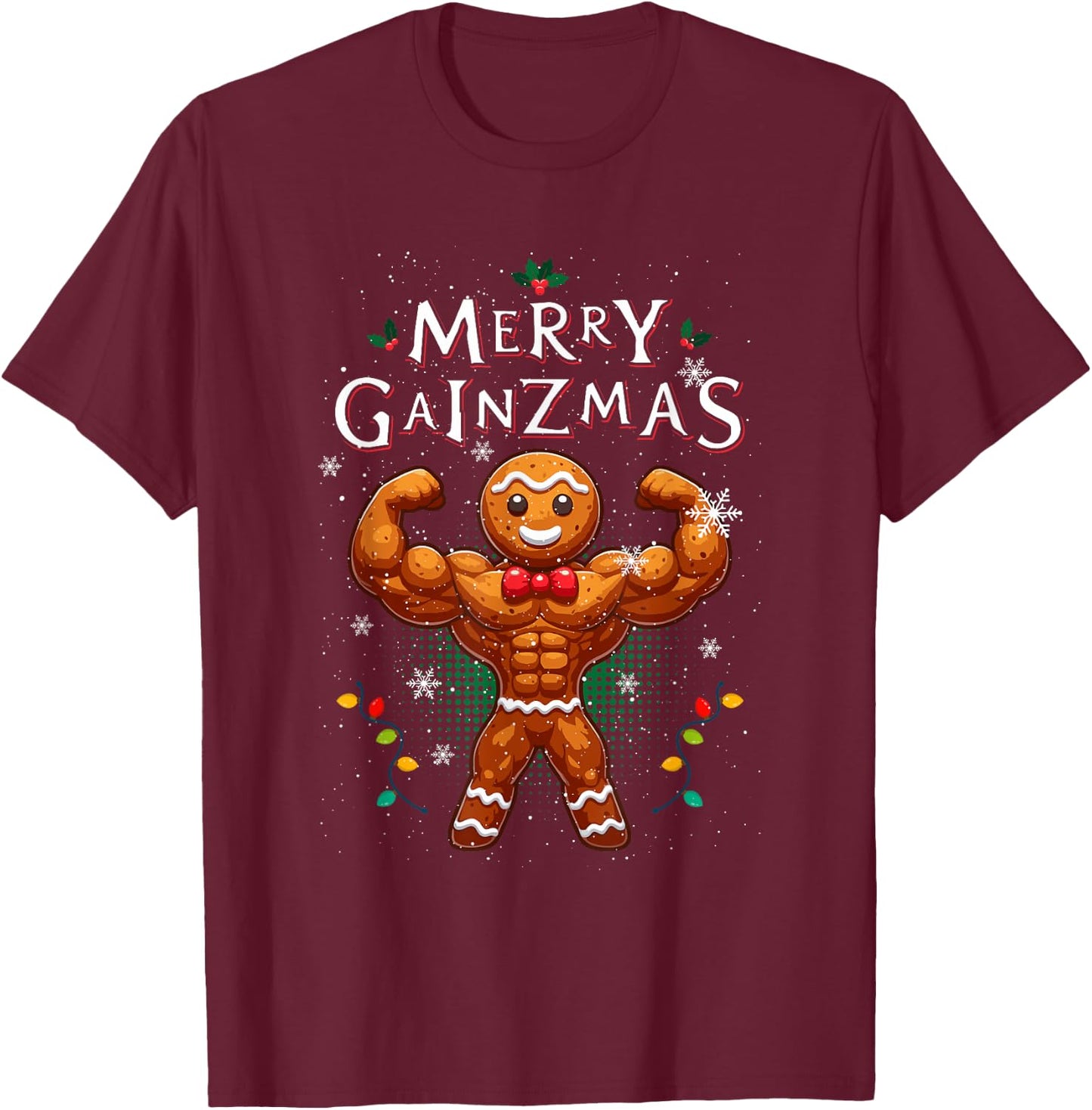 Happy Gainzmas Bodybuilder Gingerbread Man Fit Gym , Black, S T-Shirt - T-Shirt | Maroon