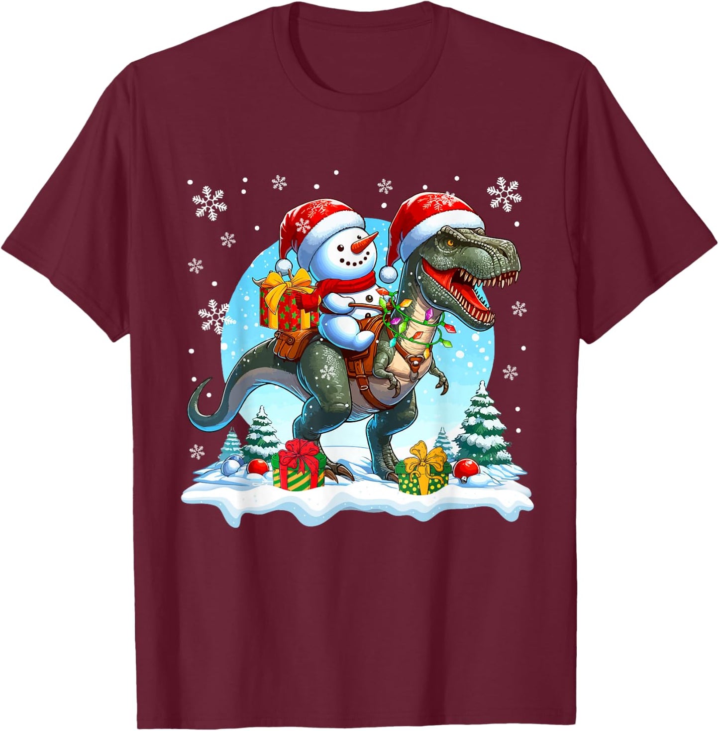 Santa Snowman Riding T-Rex Christmas Family Kids Toddler T-Shirt - T-Shirt | Maroon