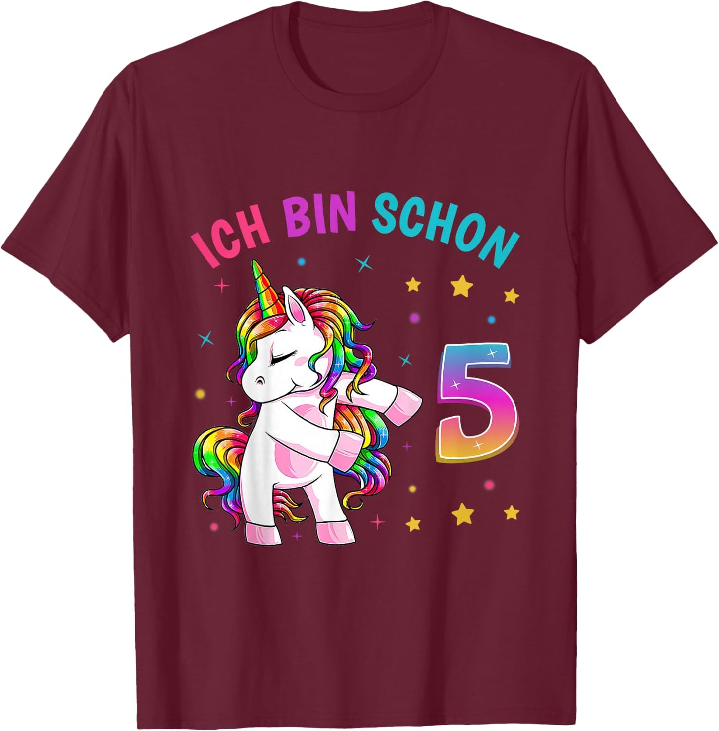 Children's 5th Birthday Girl I Am 5 Years Old Party Unicorn , black T-Shirt - T-Shirt | Maroon