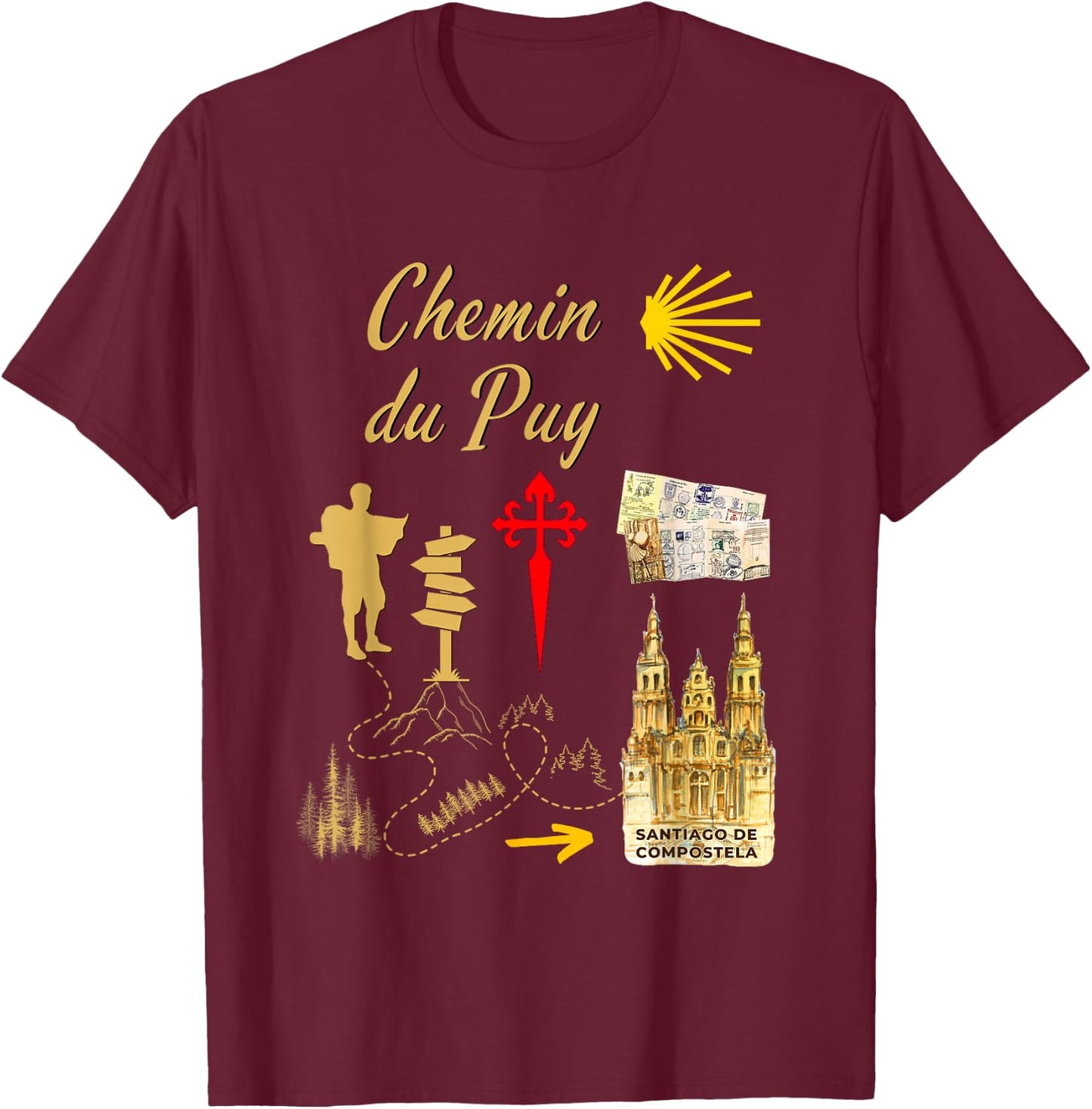 Symbols of the Way of Puy Santiago de Compostela T-Shirt - T-Shirt | Maroon