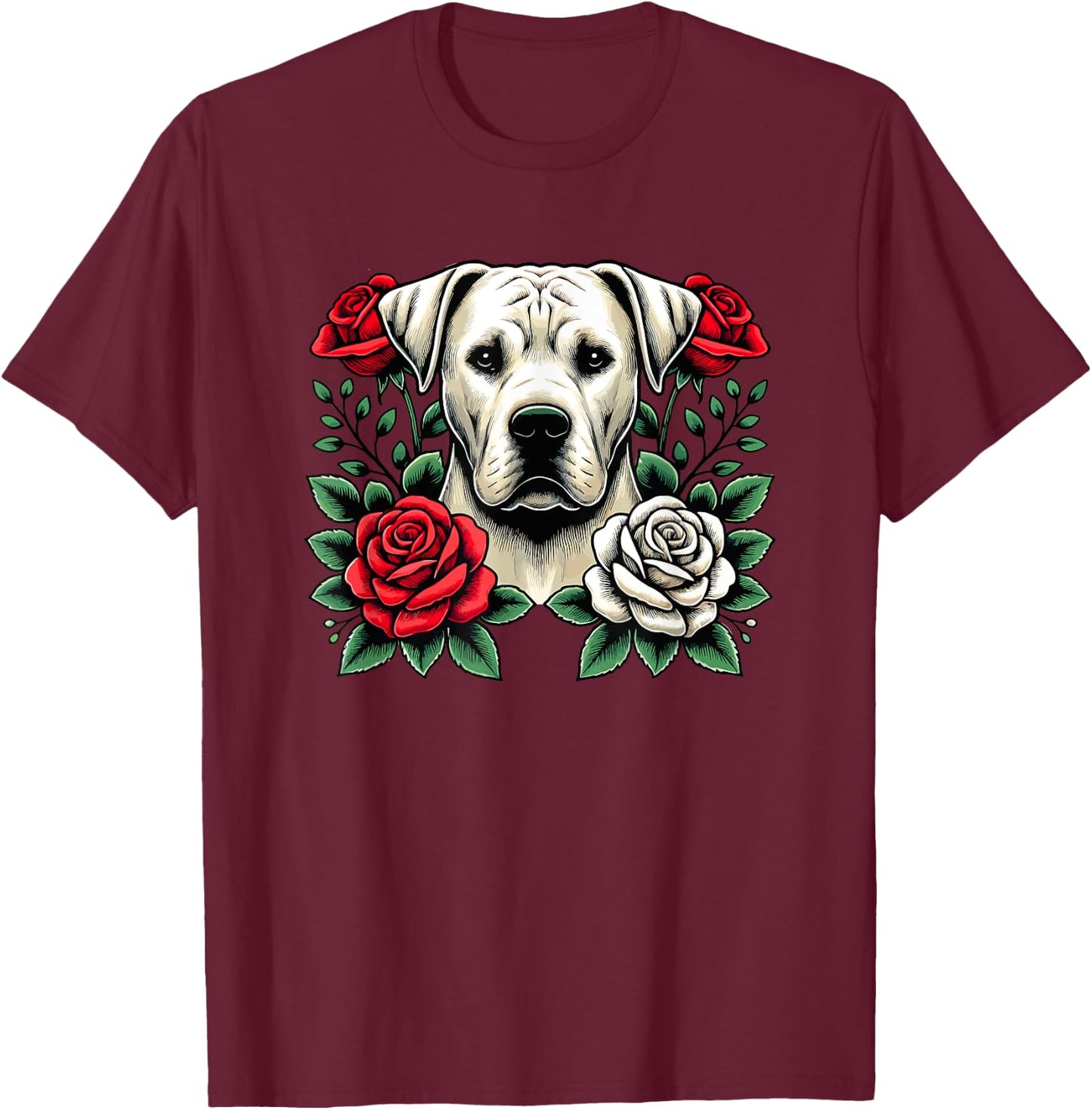 Roses Flowers Dogo Argentino T-Shirt - T-Shirt | Maroon