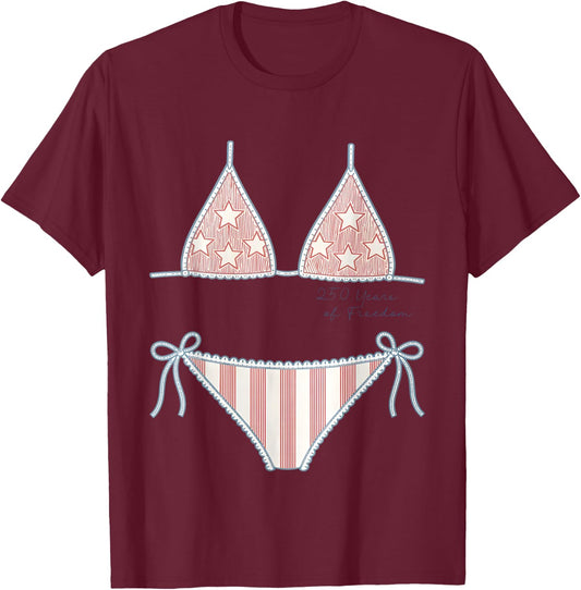 (2 Side) Patriotic Bikini Costume Funny Summer 4Th of July T-Shirt - T-Shirt | Maroon