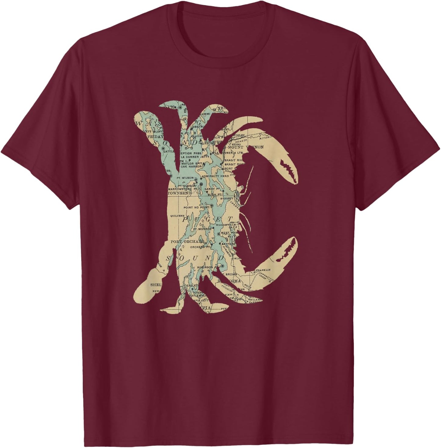 Puget Sound Washington State Crab Silhouette Map T-Shirt - T-Shirt | Maroon