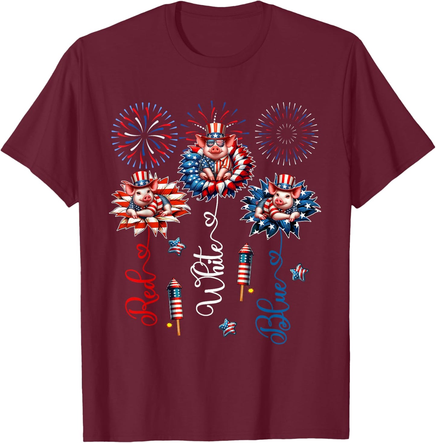 Red Blue White Three Cute Pigs On Floral 4th July Patriotic T-Shirt - T-Shirt | Maroon
