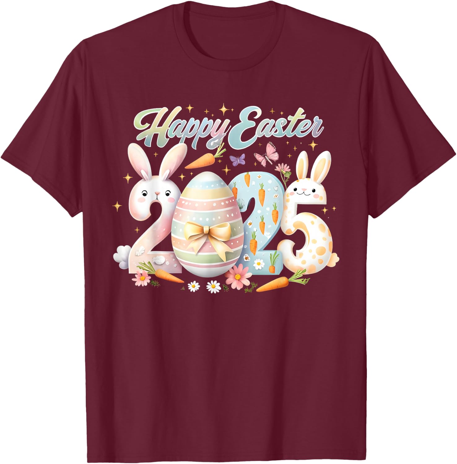 Happy Easter 2025 Bunny Rabbit Face Easter Day Women Girls T-Shirt - T-Shirt | Maroon