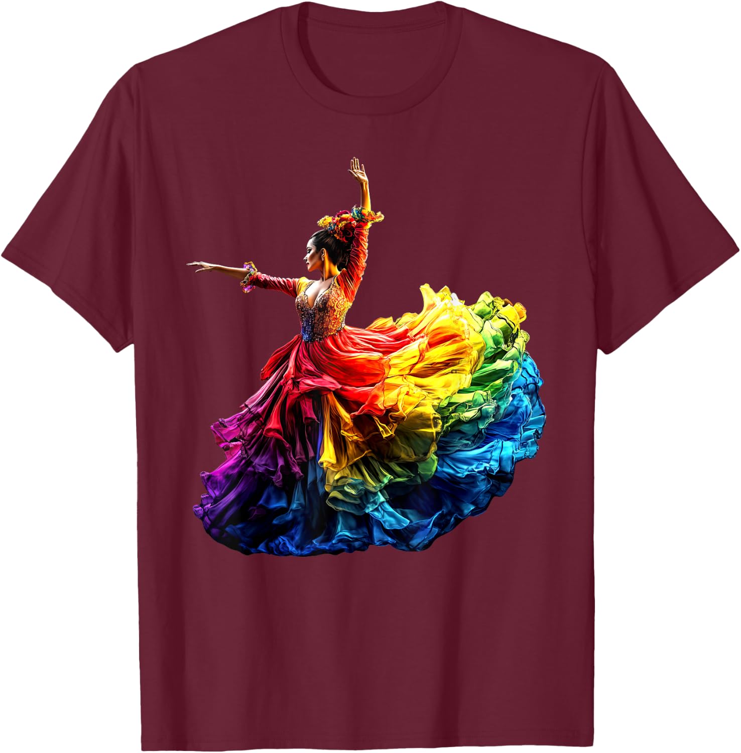 Flamenco Dancer Dress Colorful Rainbow Flamenco , Black, S T-Shirt - T-Shirt | Maroon