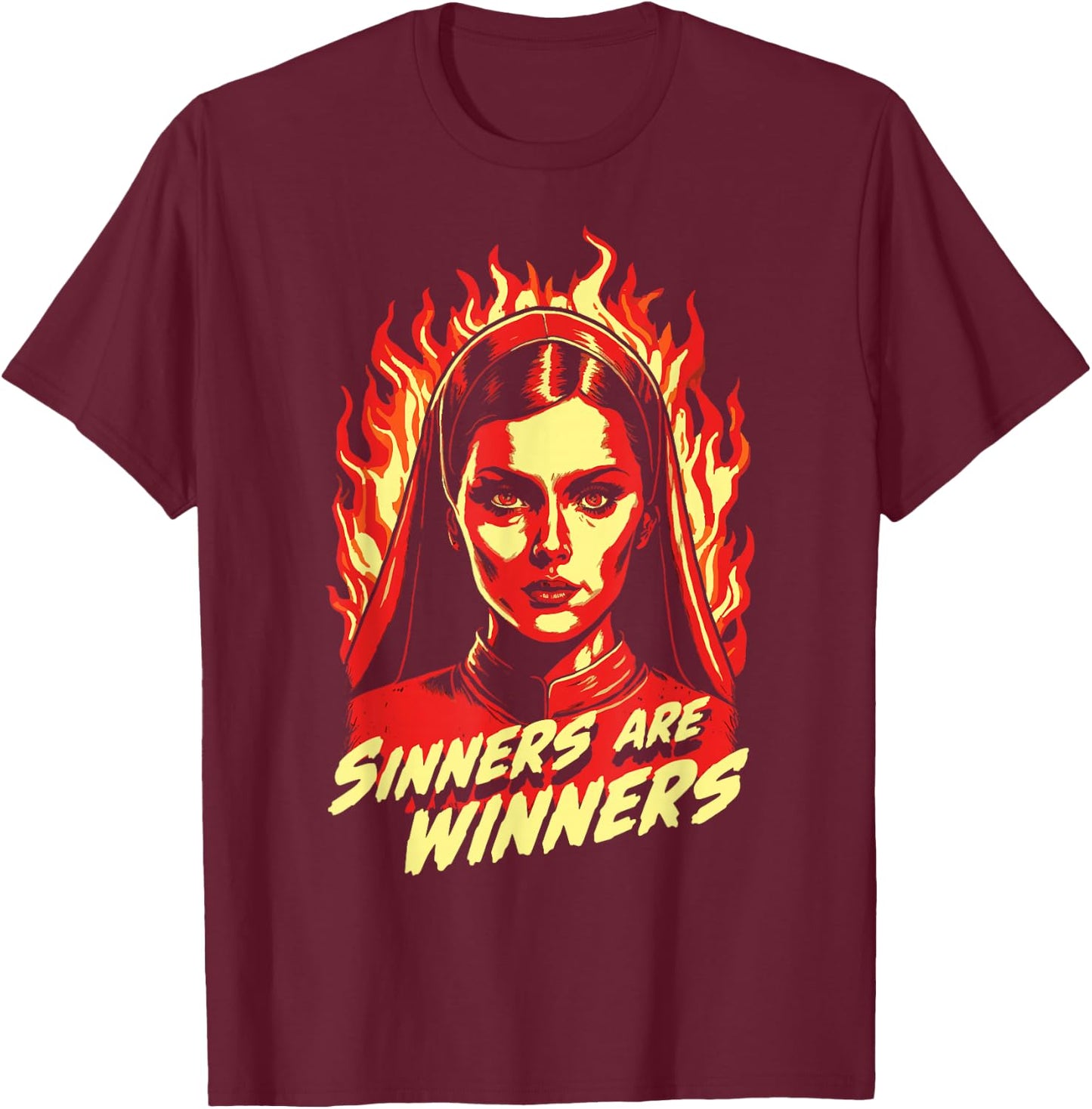 Sinners Are Winners Pretty Satanic Nun T-Shirt - T-Shirt | Maroon