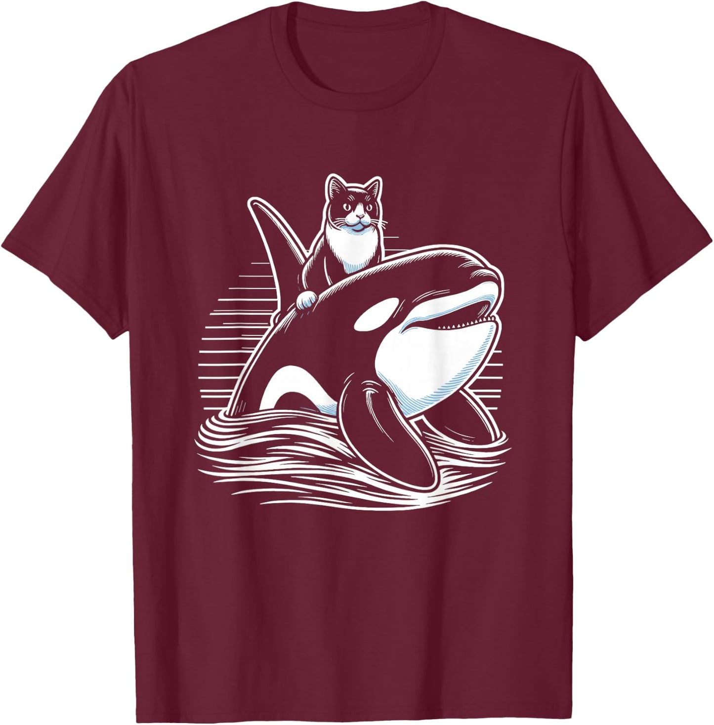 Cat Riding Orca Whale Funny T-Shirt - T-Shirt | Maroon