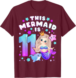 11th Birthday, Girl 11 Years, Mermaid, Number 11 T-Shirt - T-Shirt | Maroon