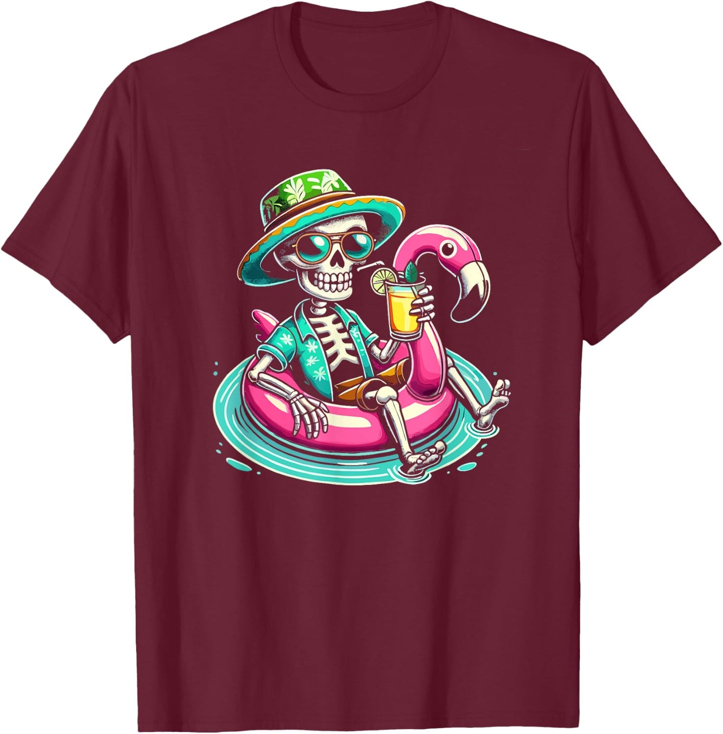 Skeleton Relaxing On Flamingo Float Beach Vibes Halloween Women Kids T-Shirt - T-Shirt | Maroon