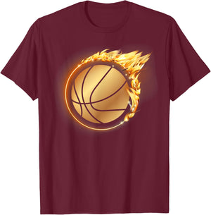Flaming Gold Basketball Slam Dunk Hoop Fire Basketball Flame T-Shirt - T-Shirt | Maroon