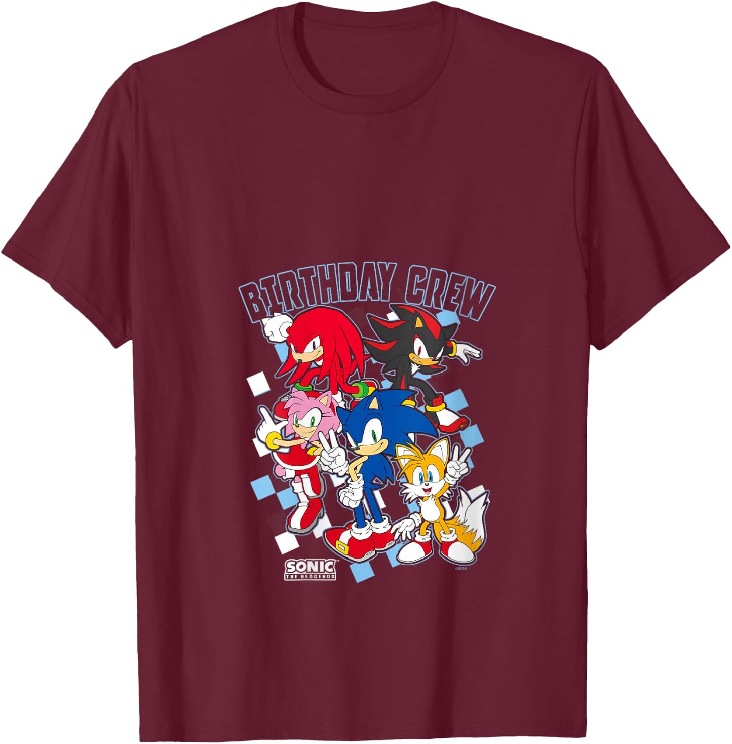 Sonic The Hedgehog Birthday Cre Group Shot Big Chest Logo V-Neck T-Shirt - T-Shirt | Maroon