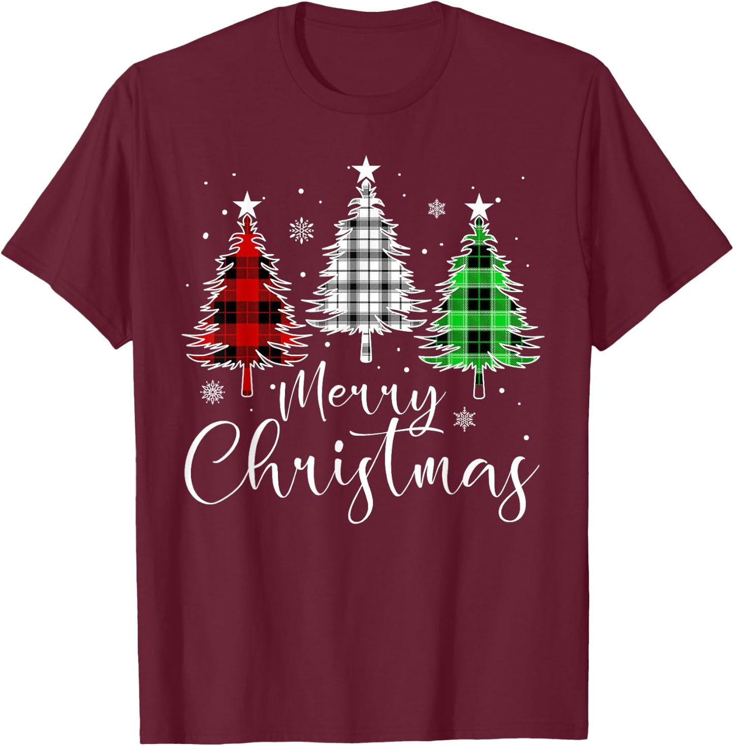 Christmas Tree Buffalo Plaid Red White Green Light Family T-Shirt - T-Shirt | Maroon