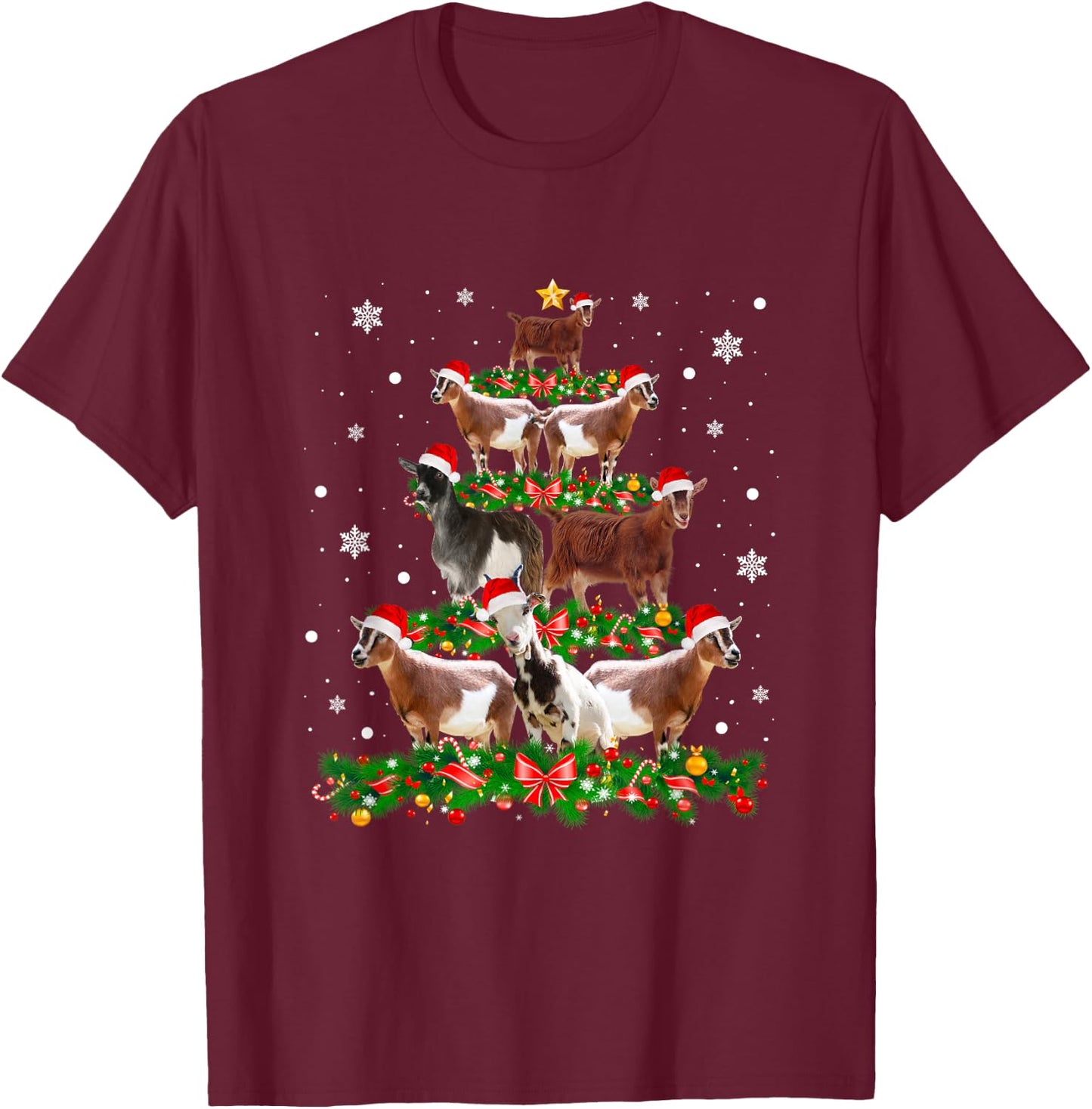 Goat Christmas Pajama Shirt Xmas Goats Tree Lights Santa Hat T-Shirt - T-Shirt | Maroon