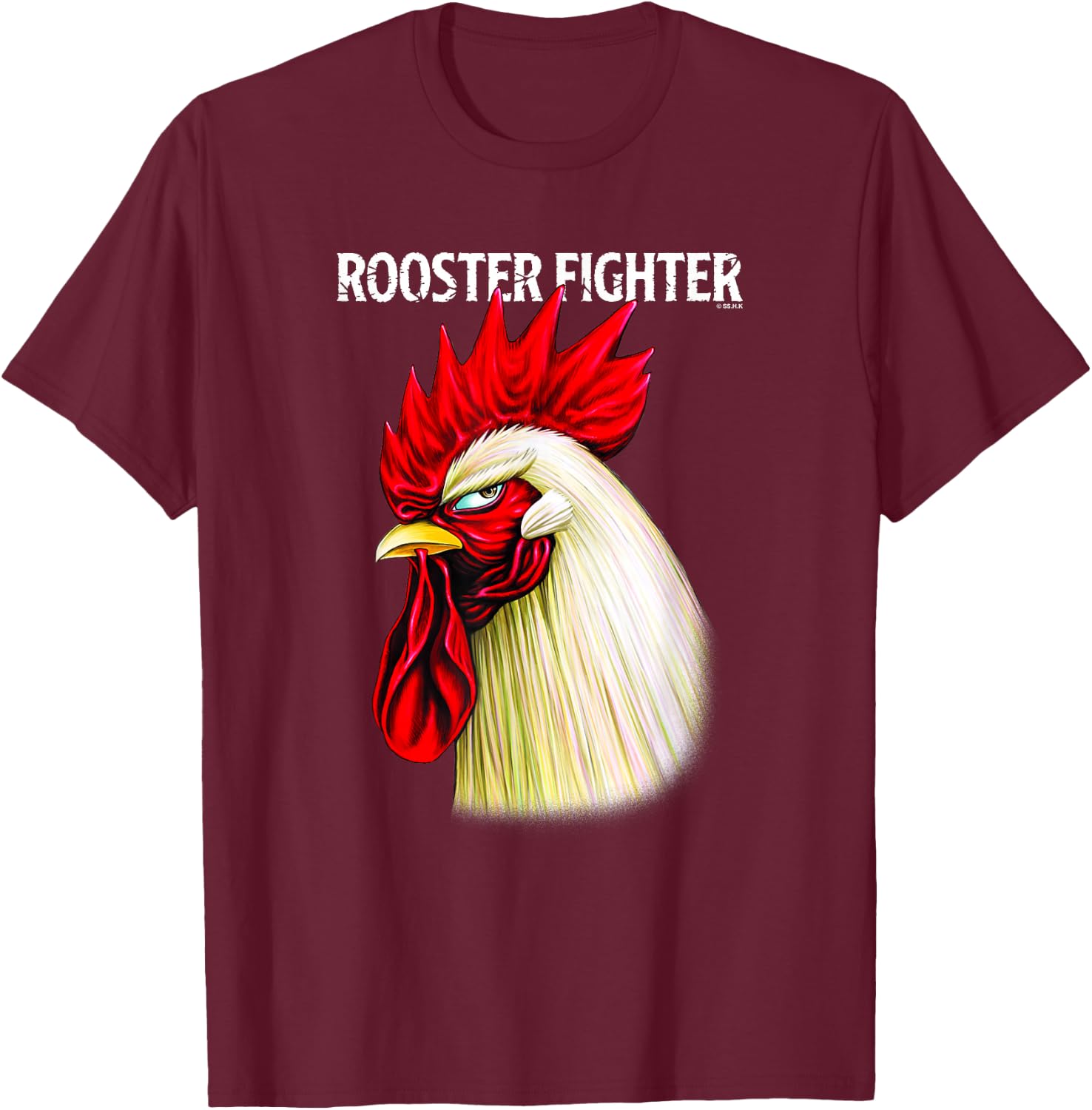 Rooster Fighter Keiji Side Profile Mean Mug Stare Down T-Shirt - T-Shirt | Maroon