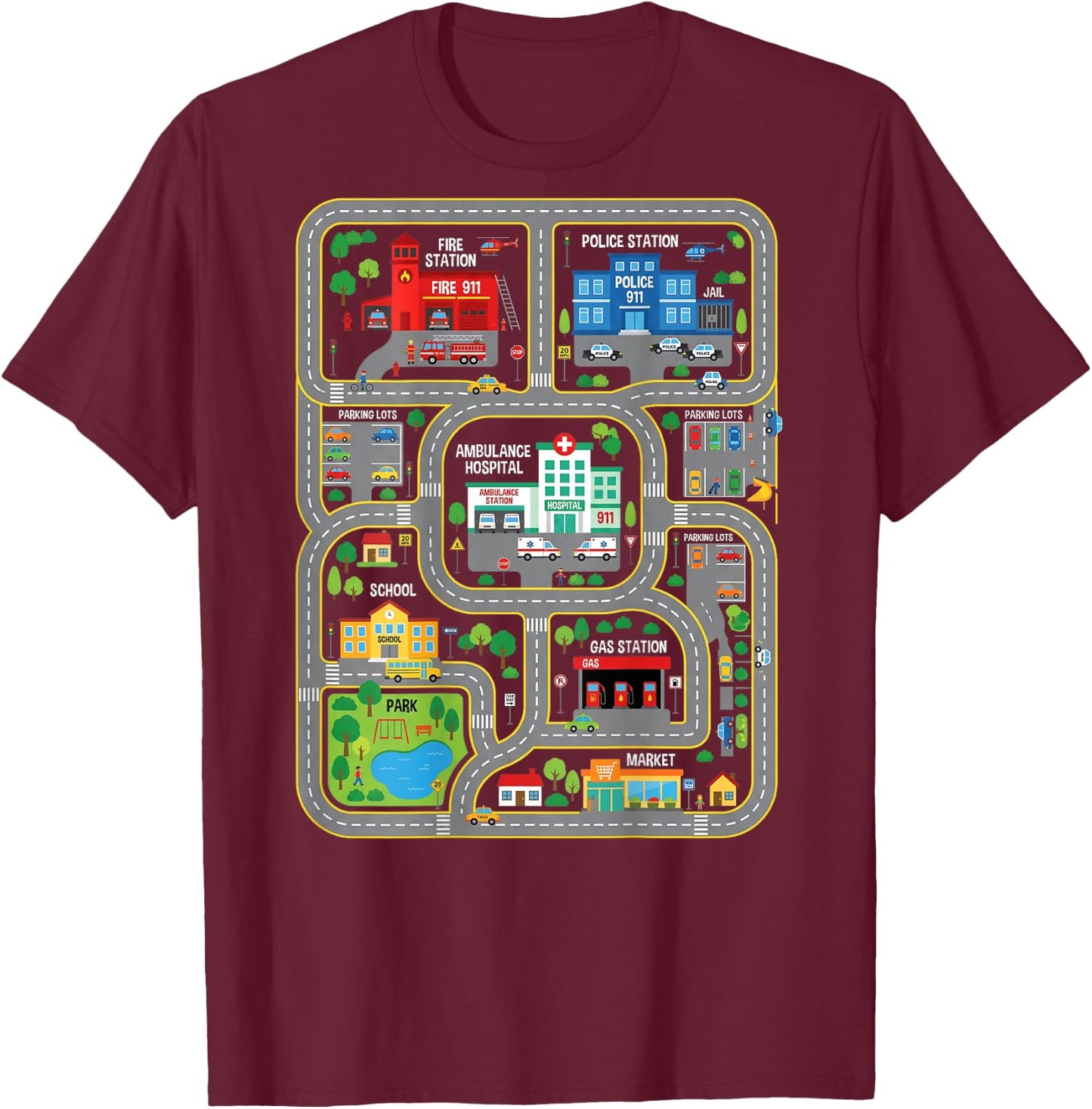 Play Cars On Dads Back City Map Race Track Tired Dads Funny T-Shirt - T-Shirt | Maroon