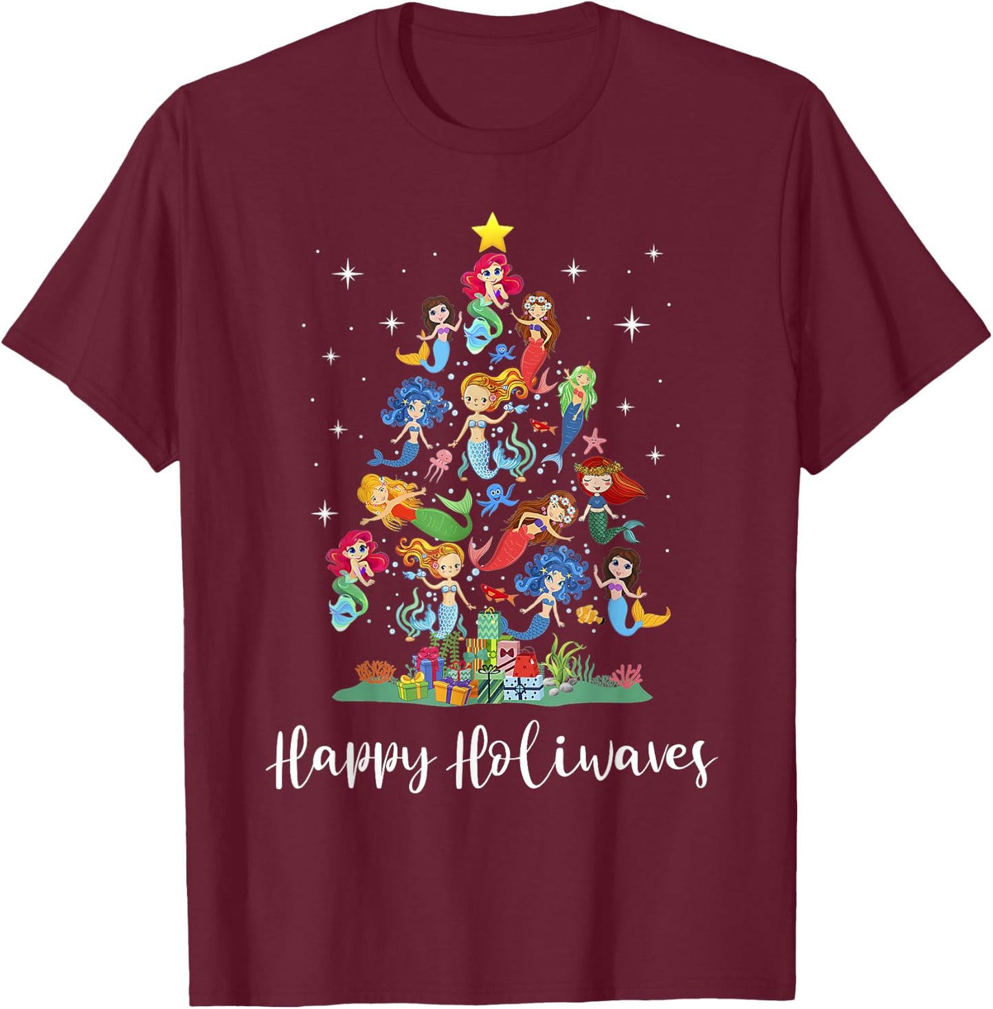Mermaid Christmas Tree Happy Holiwaves Mermaid Lover Women T-Shirt - T-Shirt | Maroon