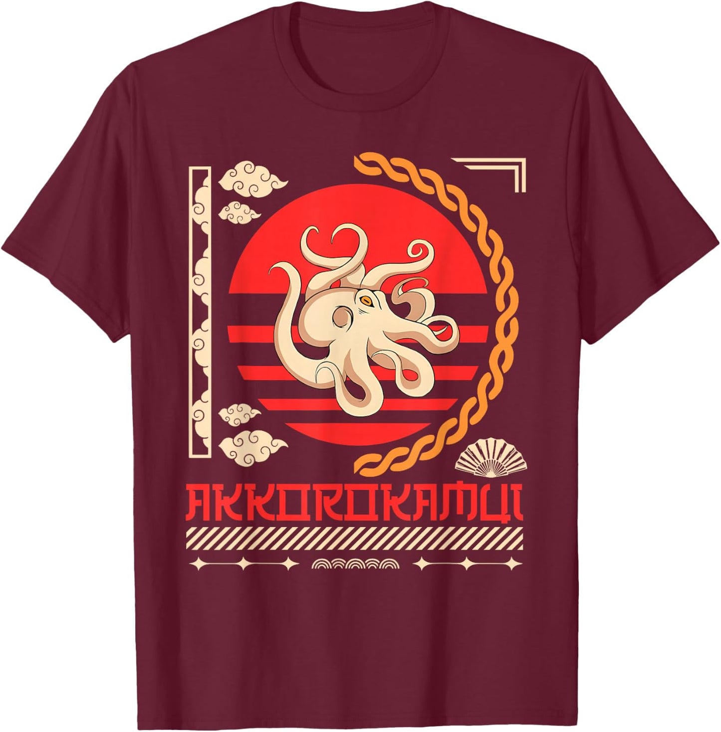 Japanese Mordern Vintage Graphical Octopus Art Men Women T-Shirt - T-Shirt | Maroon