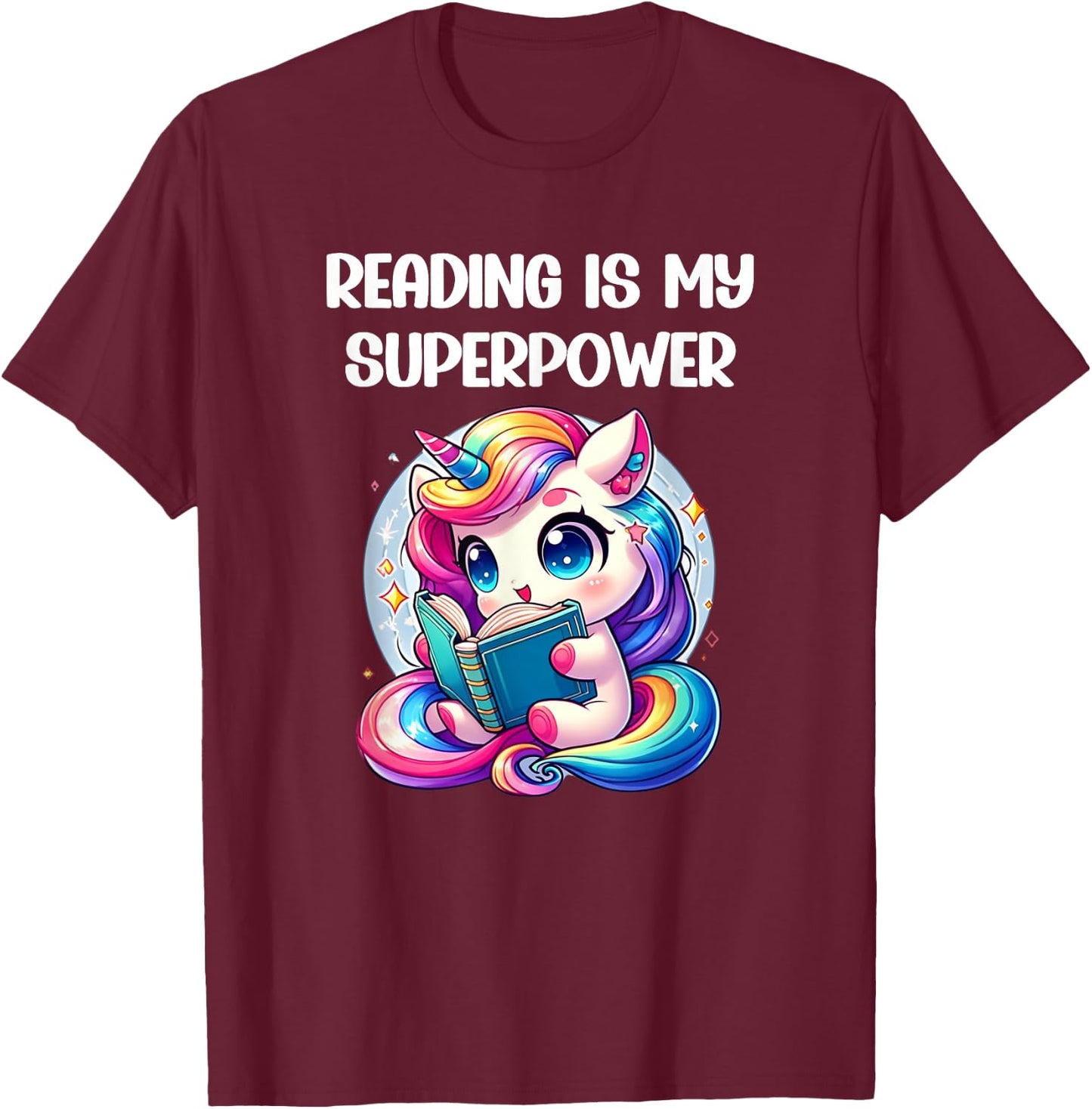 Kawaii Unicorn Reading Is My Super Power Kids T-Shirt - T-Shirt | Maroon